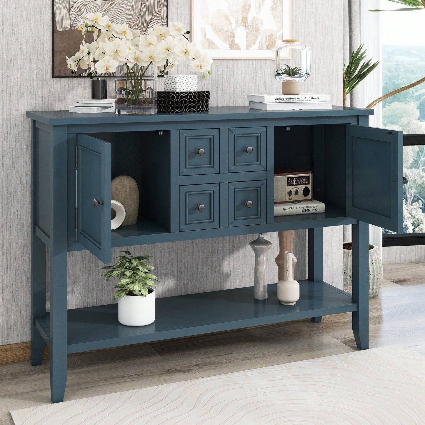 Ample Storage Vintage Console Table With Four Small Drawers And Bottom Shelf For Living Rooms, Entrances And Kitchens