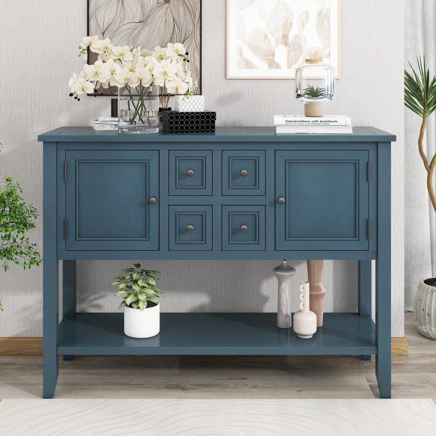 Ample Storage Vintage Console Table With Four Small Drawers And Bottom Shelf For Living Rooms, Entrances And Kitchens
