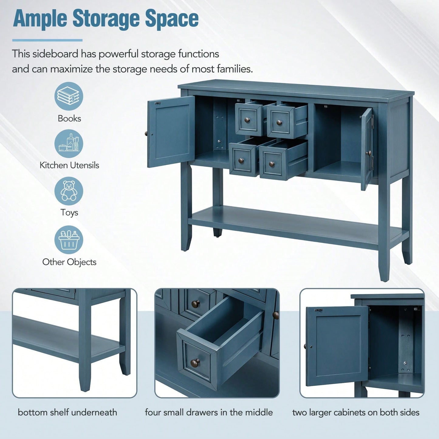 Ample Storage Vintage Console Table With Four Small Drawers And Bottom Shelf For Living Rooms, Entrances And Kitchens