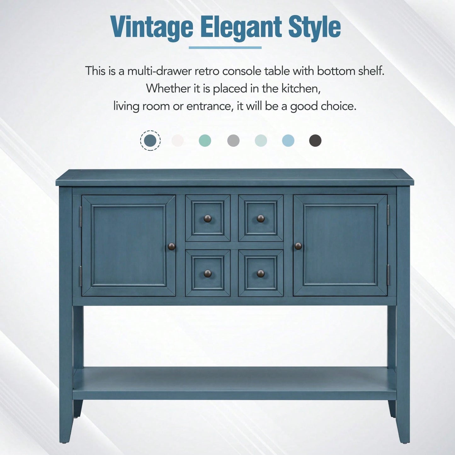 Ample Storage Vintage Console Table With Four Small Drawers And Bottom Shelf For Living Rooms, Entrances And Kitchens