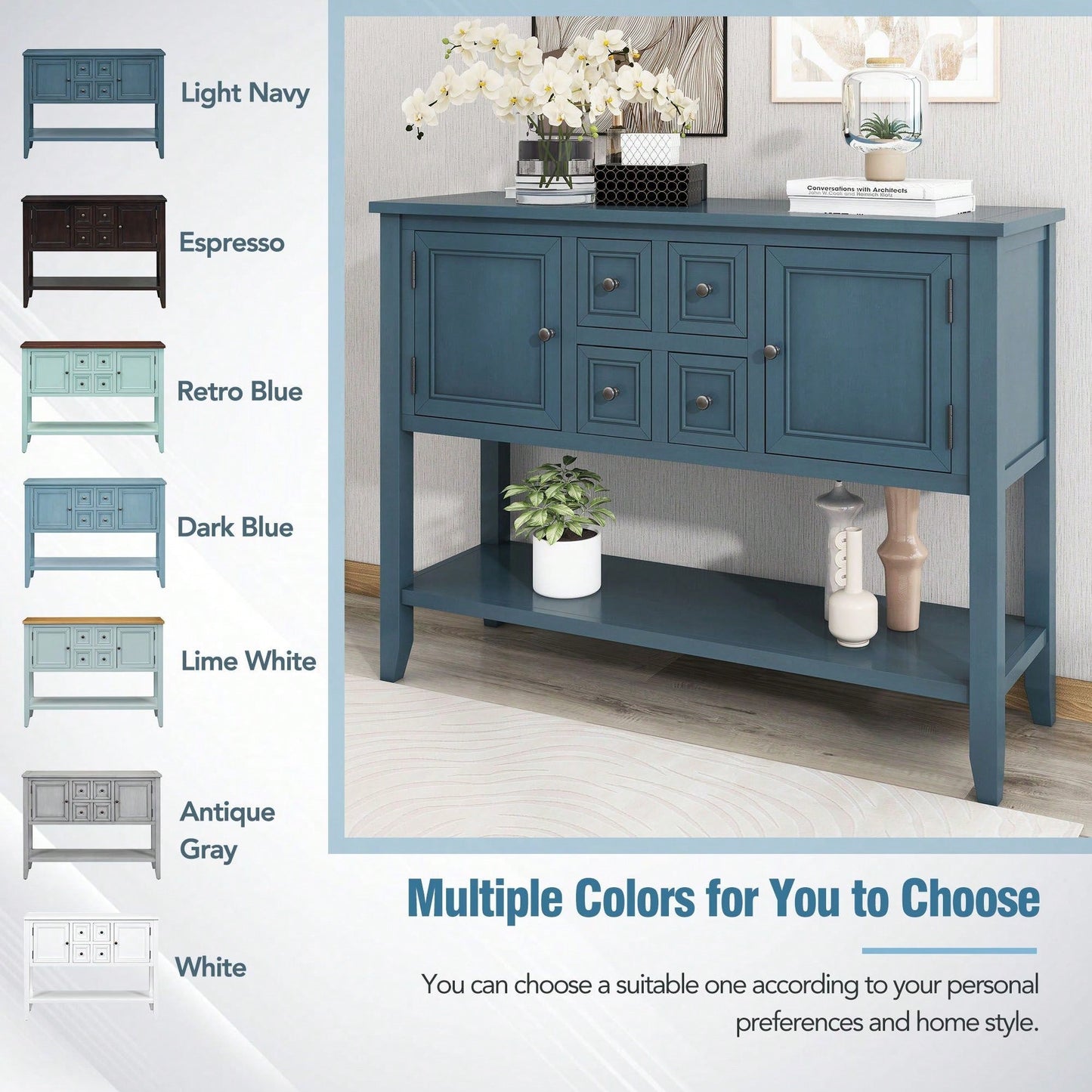 Ample Storage Vintage Console Table With Four Small Drawers And Bottom Shelf For Living Rooms, Entrances And Kitchens
