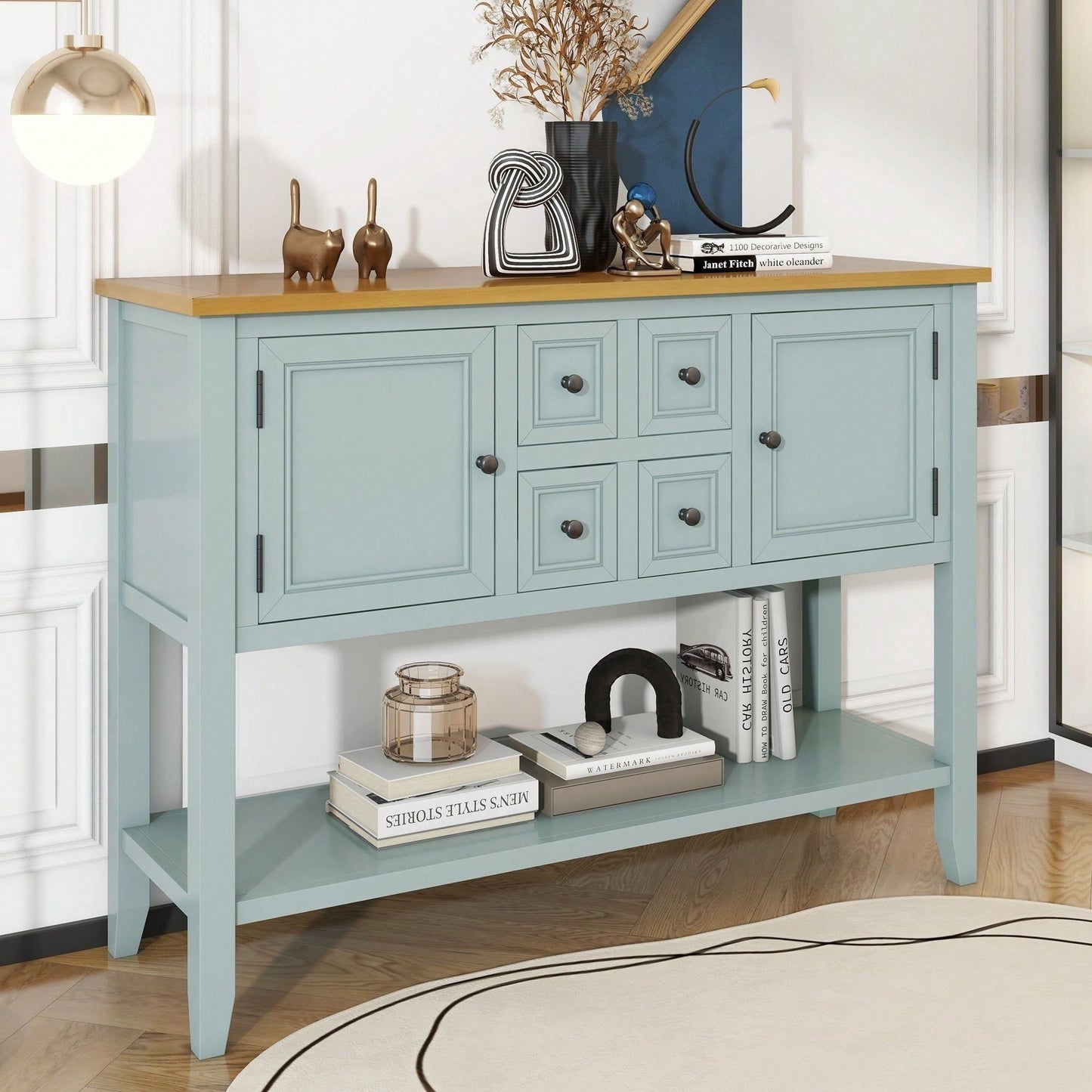 Ample Storage Vintage Console Table With Four Small Drawers And Bottom Shelf For Living Rooms, Entrances And Kitchens