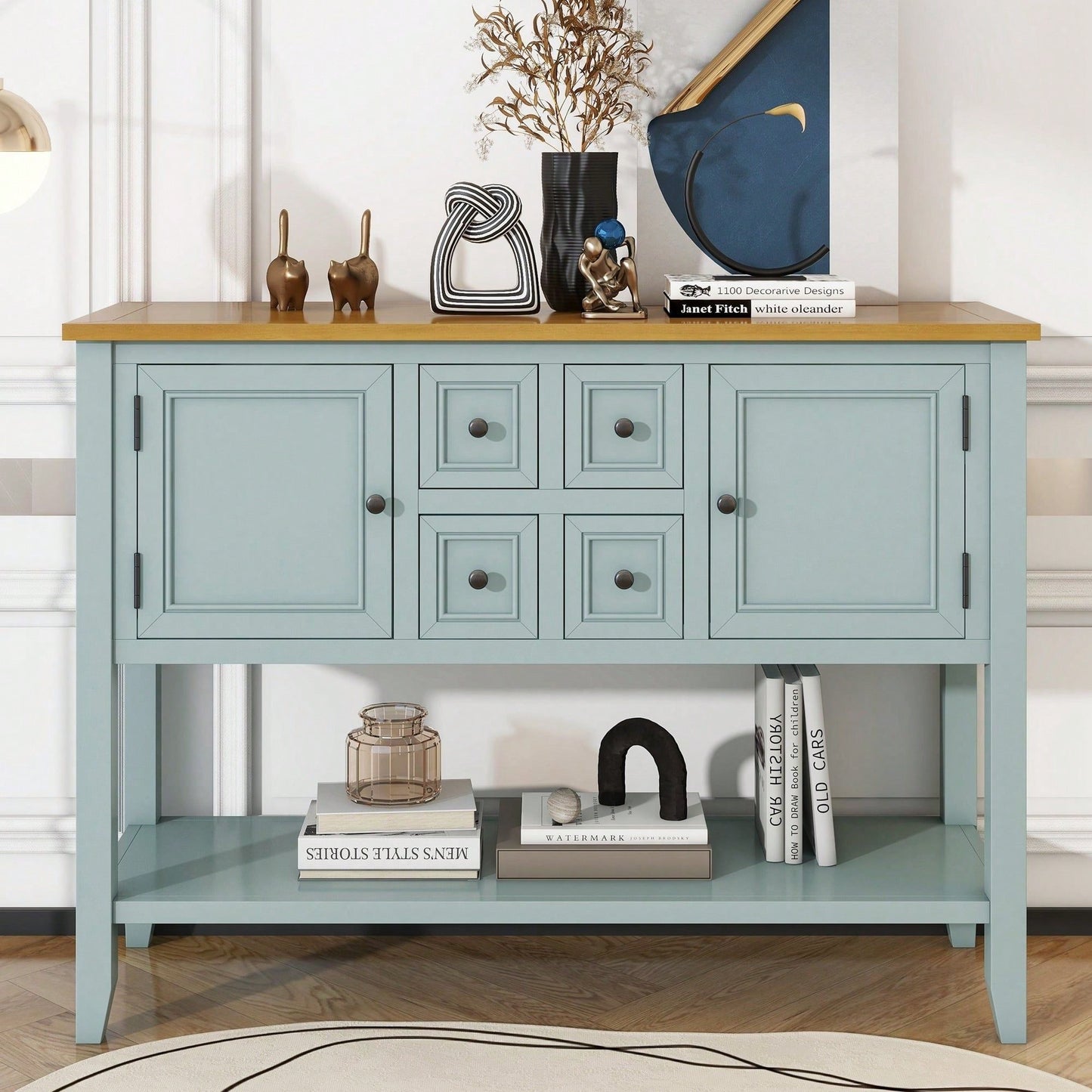 Ample Storage Vintage Console Table With Four Small Drawers And Bottom Shelf For Living Rooms, Entrances And Kitchens