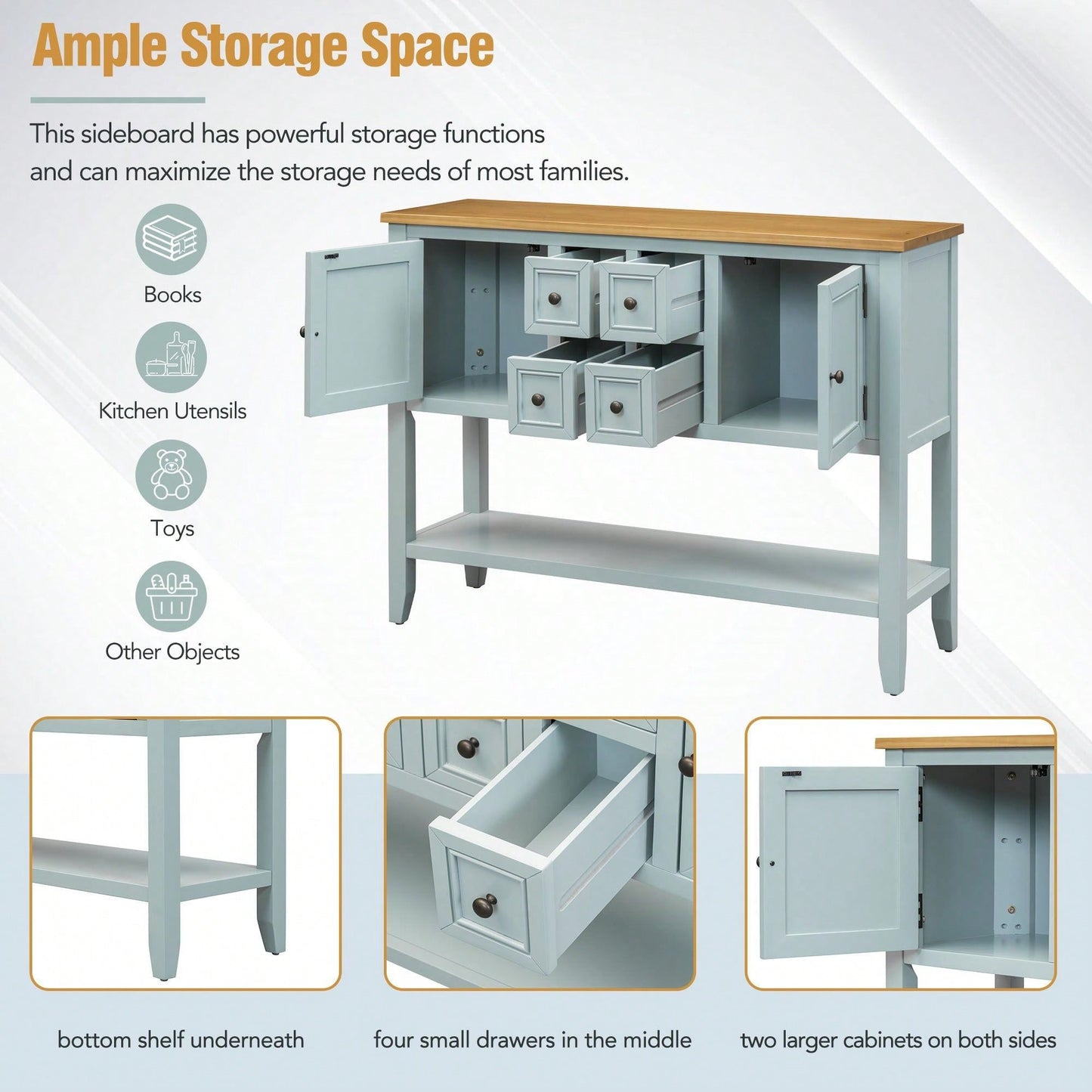Ample Storage Vintage Console Table With Four Small Drawers And Bottom Shelf For Living Rooms, Entrances And Kitchens