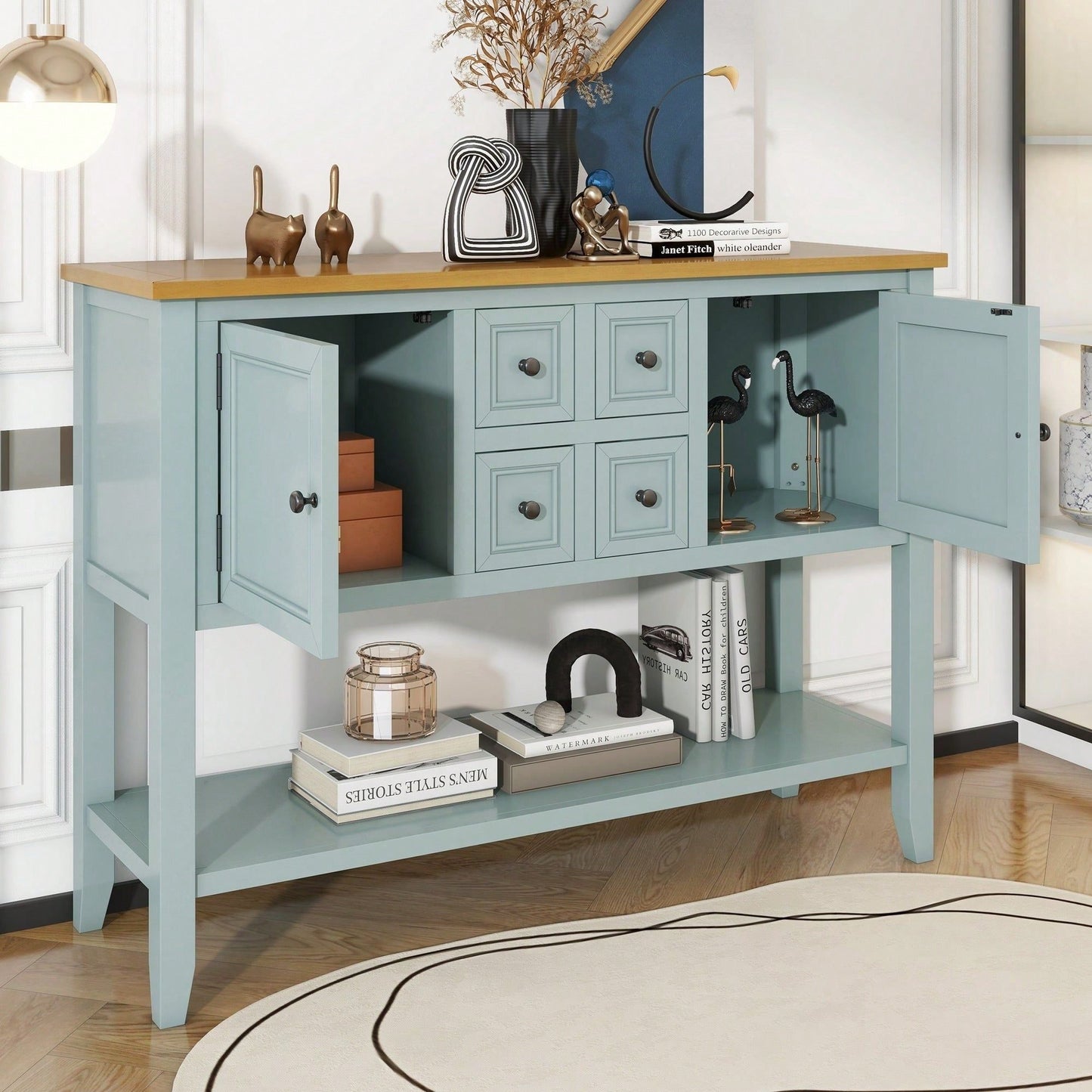 Ample Storage Vintage Console Table With Four Small Drawers And Bottom Shelf For Living Rooms, Entrances And Kitchens