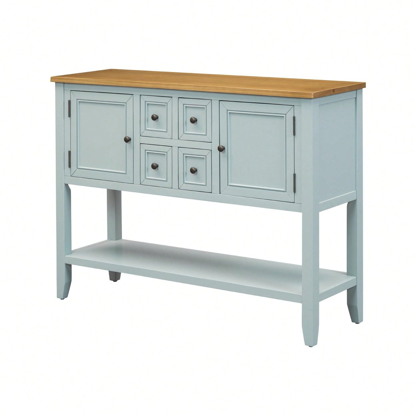 Ample Storage Vintage Console Table With Four Small Drawers And Bottom Shelf For Living Rooms, Entrances And Kitchens