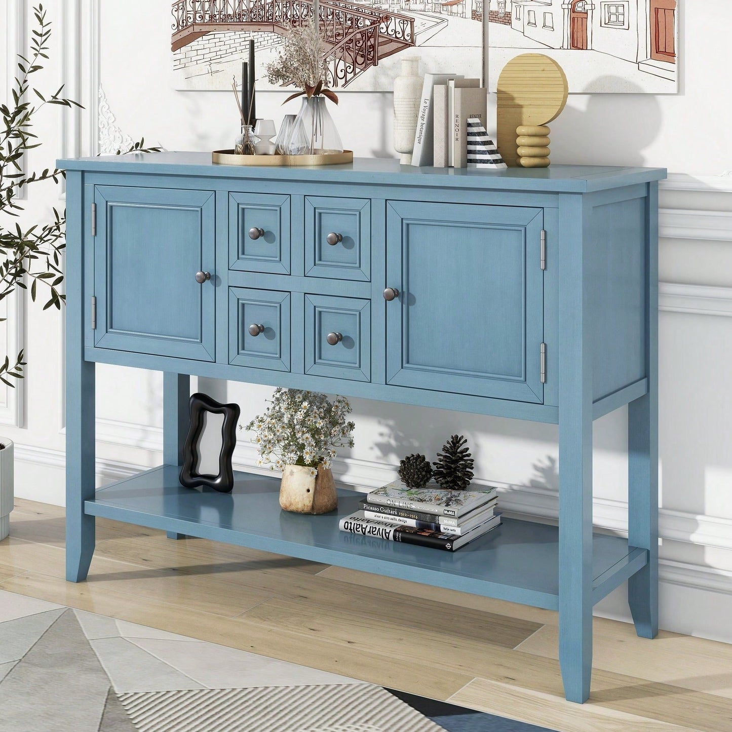 Ample Storage Vintage Console Table With Four Small Drawers And Bottom Shelf For Living Rooms, Entrances And Kitchens