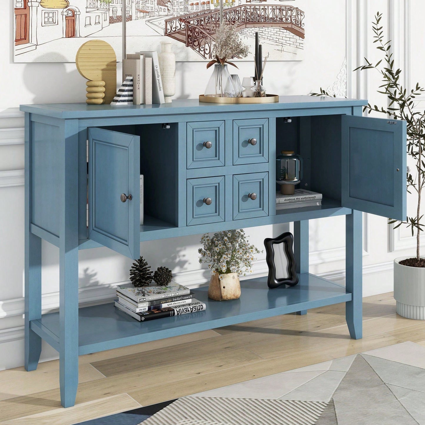 Ample Storage Vintage Console Table With Four Small Drawers And Bottom Shelf For Living Rooms, Entrances And Kitchens