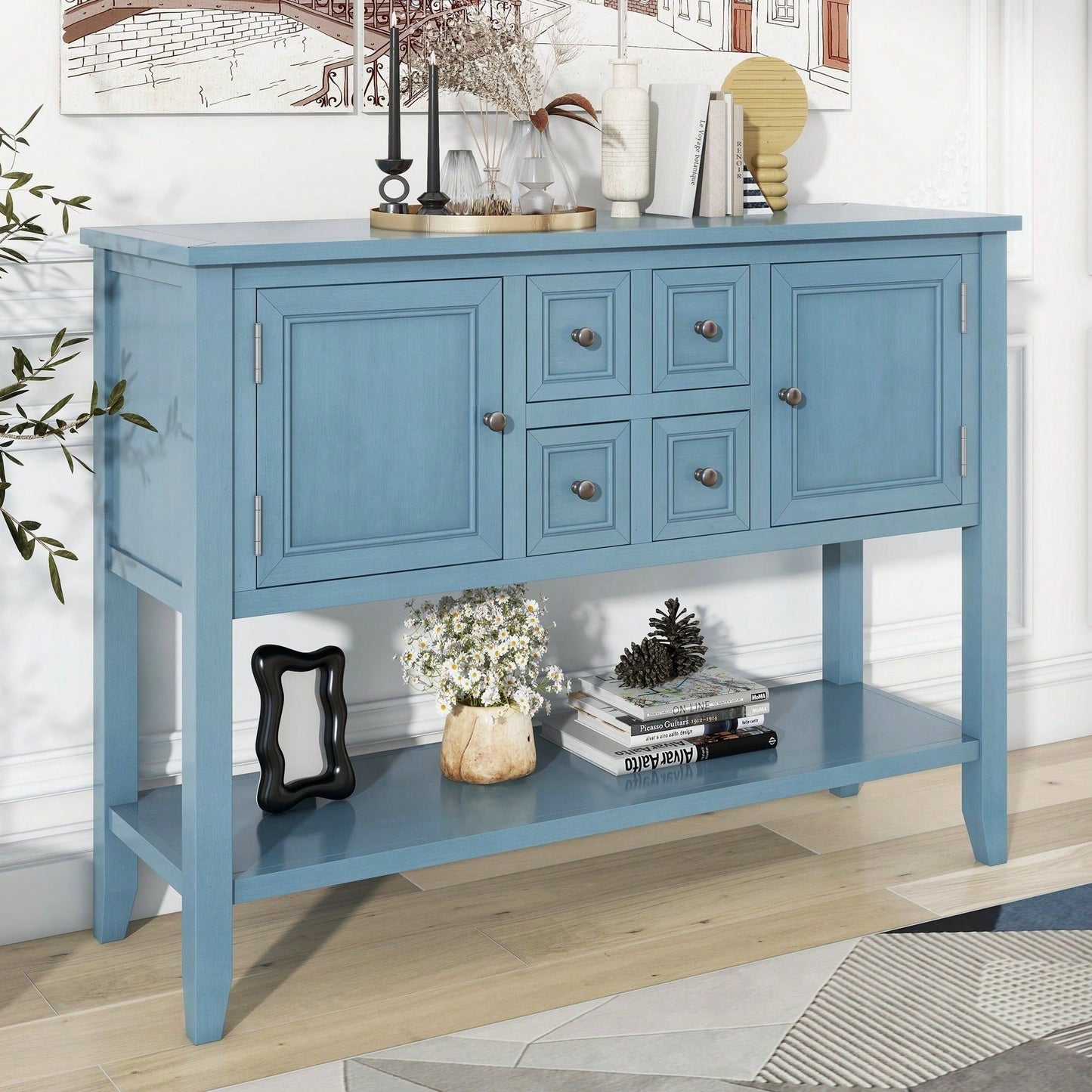 Ample Storage Vintage Console Table With Four Small Drawers And Bottom Shelf For Living Rooms, Entrances And Kitchens