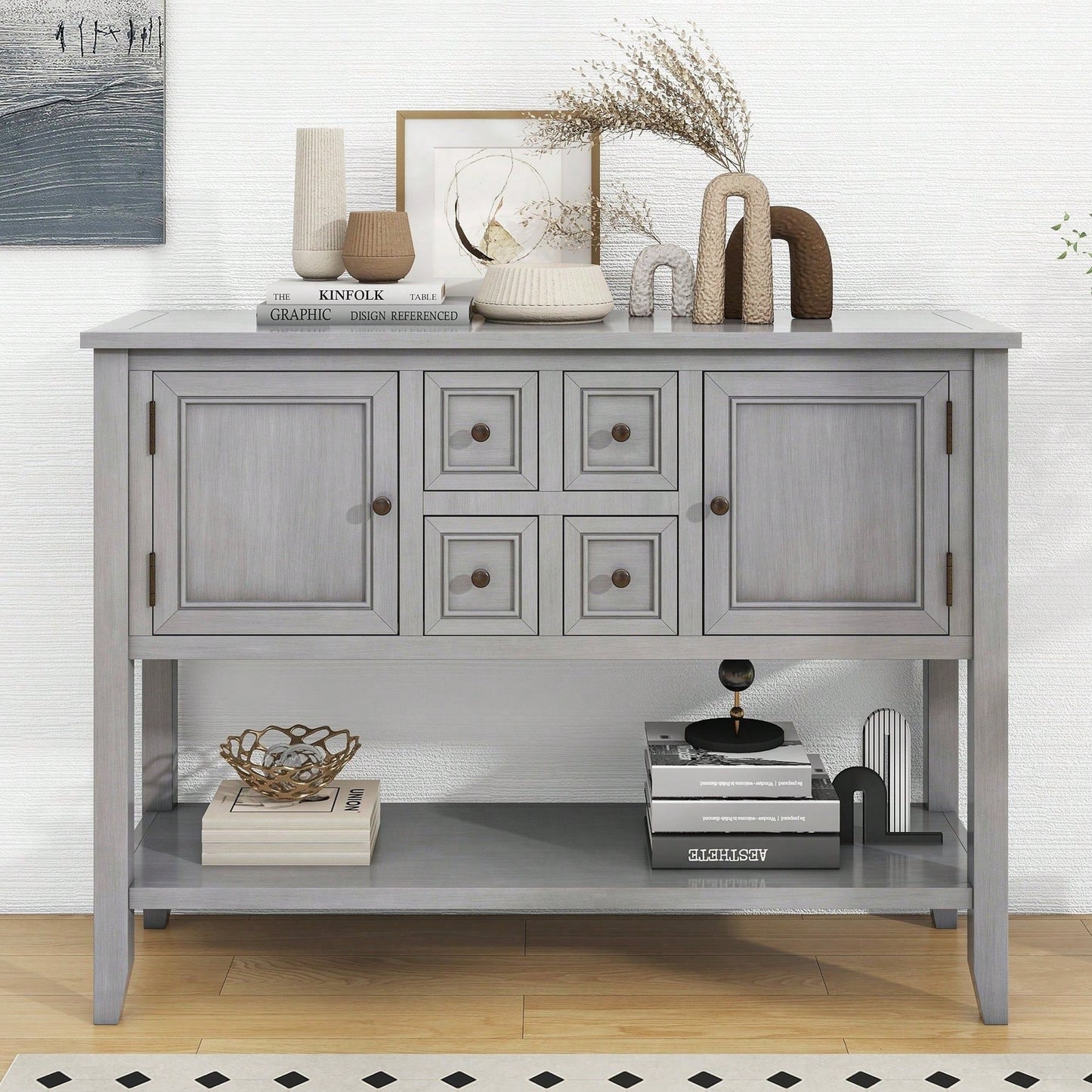 Ample Storage Vintage Console Table With Four Small Drawers And Bottom Shelf For Living Rooms, Entrances And Kitchens