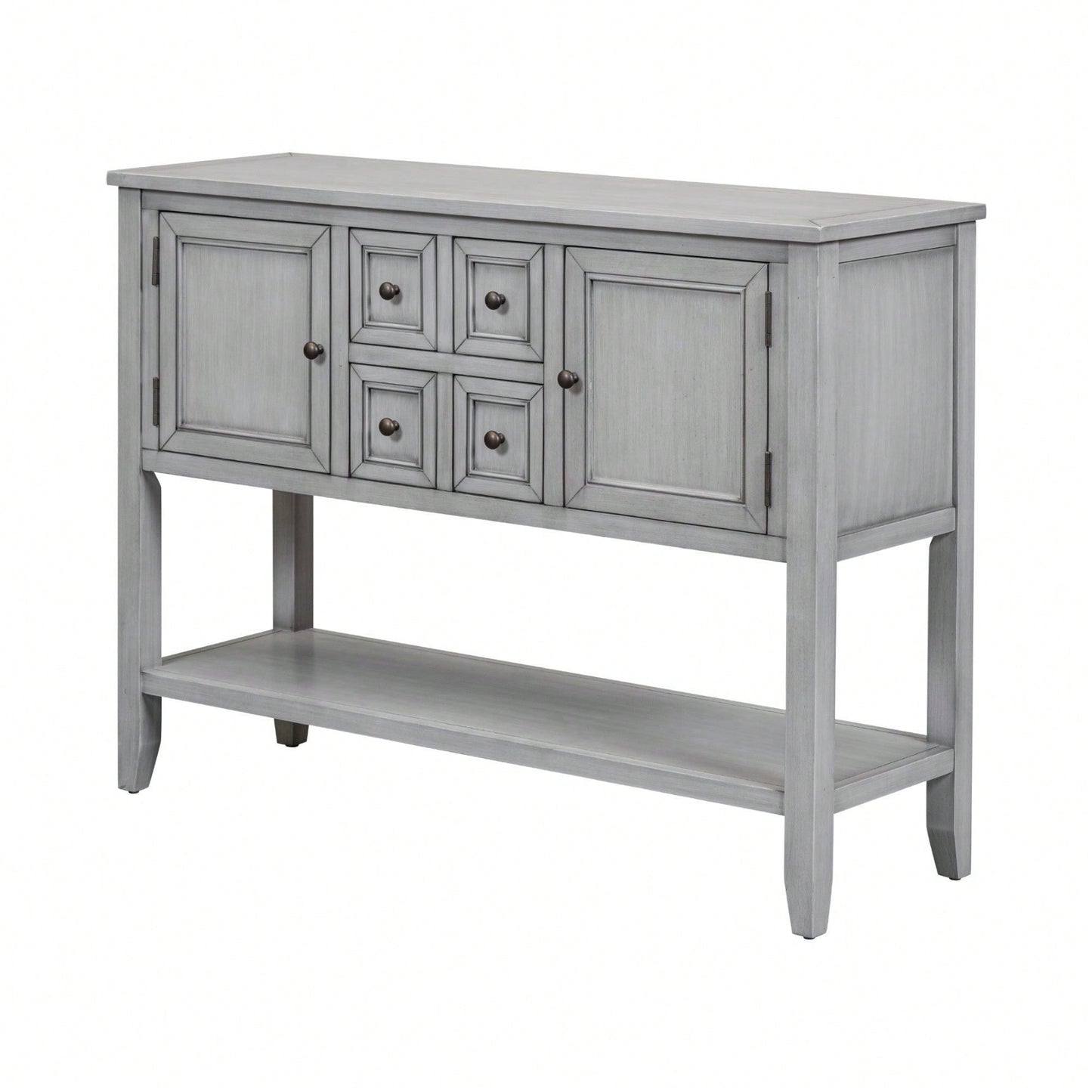 Ample Storage Vintage Console Table With Four Small Drawers And Bottom Shelf For Living Rooms, Entrances And Kitchens