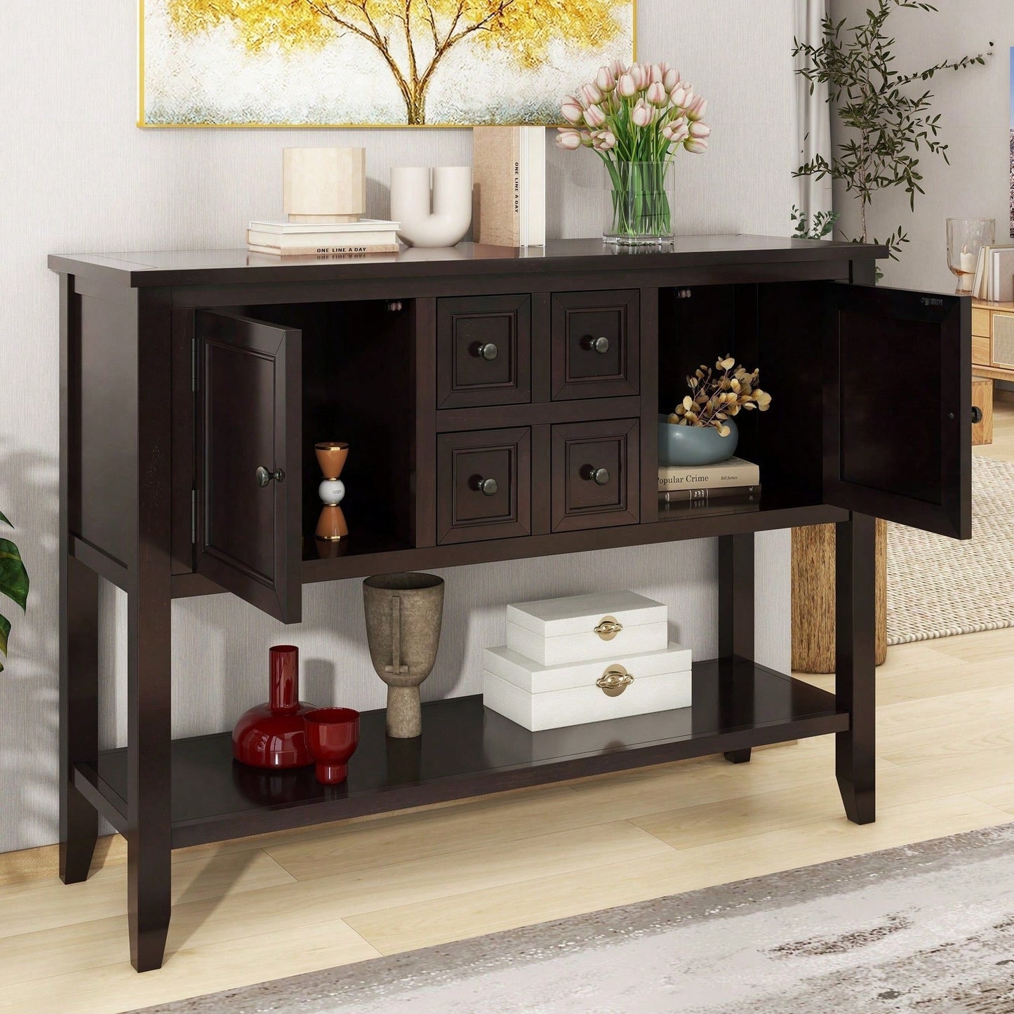 Ample Storage Vintage Console Table With Four Small Drawers And Bottom Shelf For Living Rooms, Entrances And Kitchens