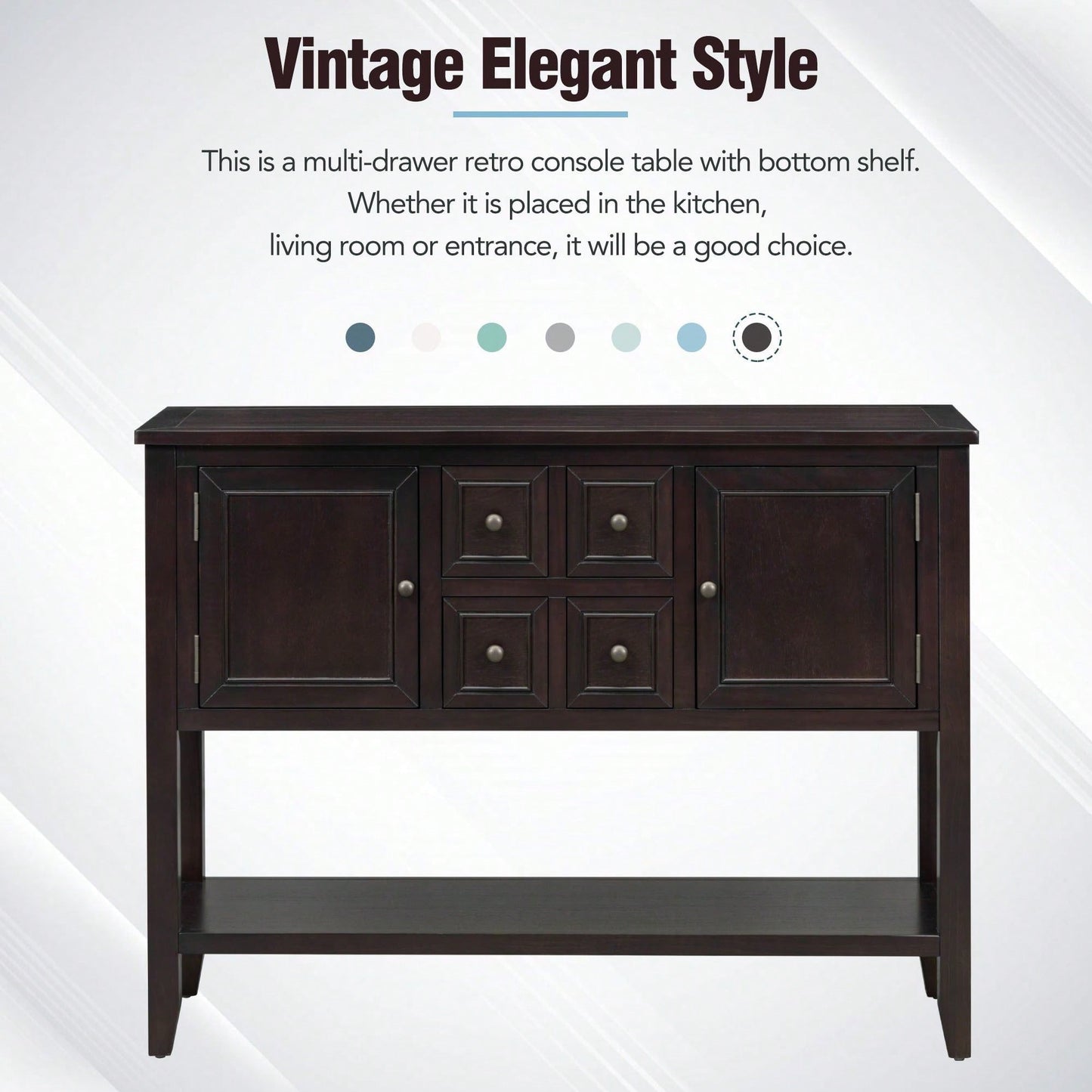 Ample Storage Vintage Console Table With Four Small Drawers And Bottom Shelf For Living Rooms, Entrances And Kitchens