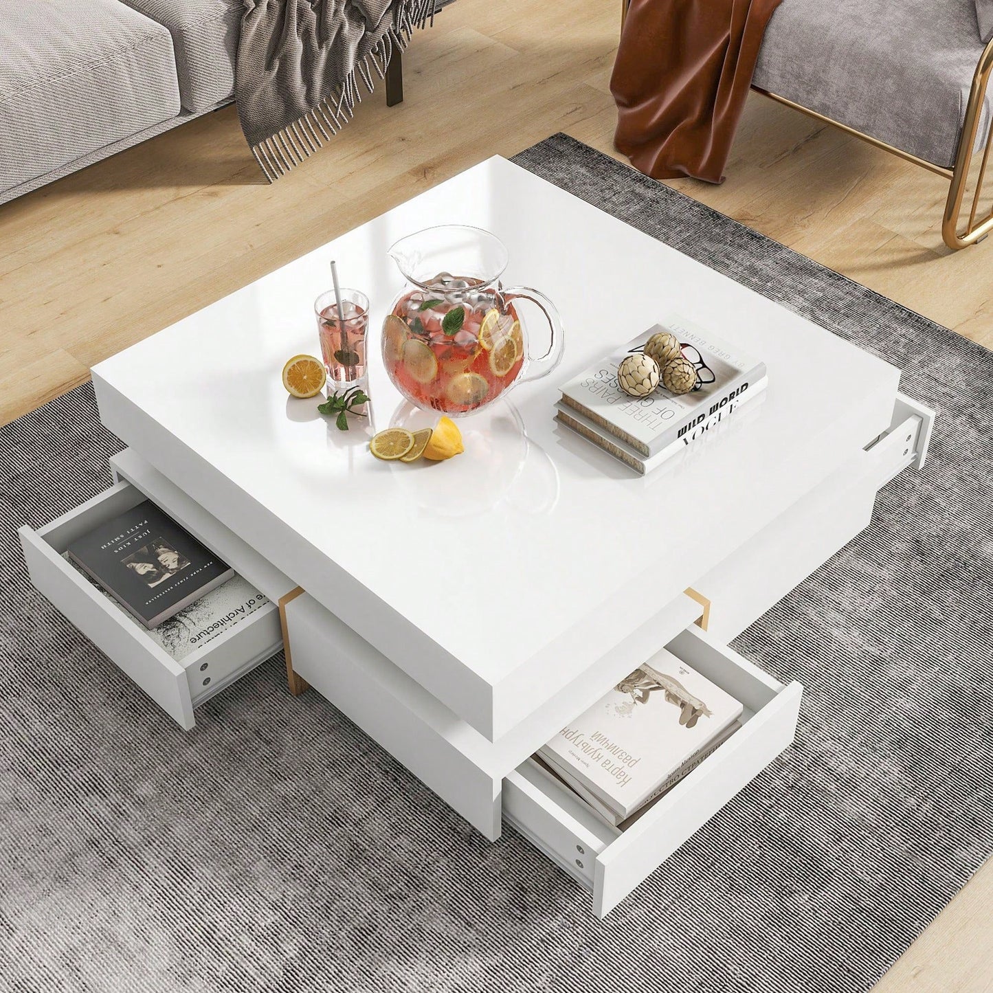 Modern High Gloss Coffee Table With 4 Drawers, Multi-Storage Square Cocktail Tea Table With Wood Grain Legs, Center Table For Living Room