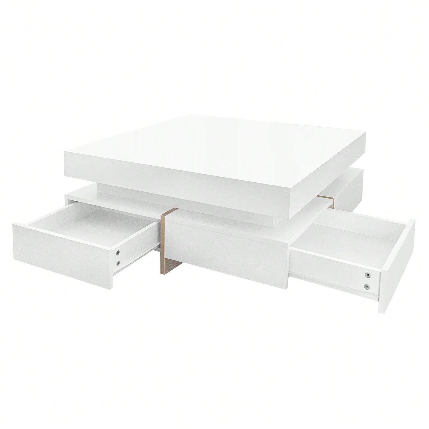 Modern High Gloss Coffee Table With 4 Drawers, Multi-Storage Square Cocktail Tea Table With Wood Grain Legs, Center Table For Living Room