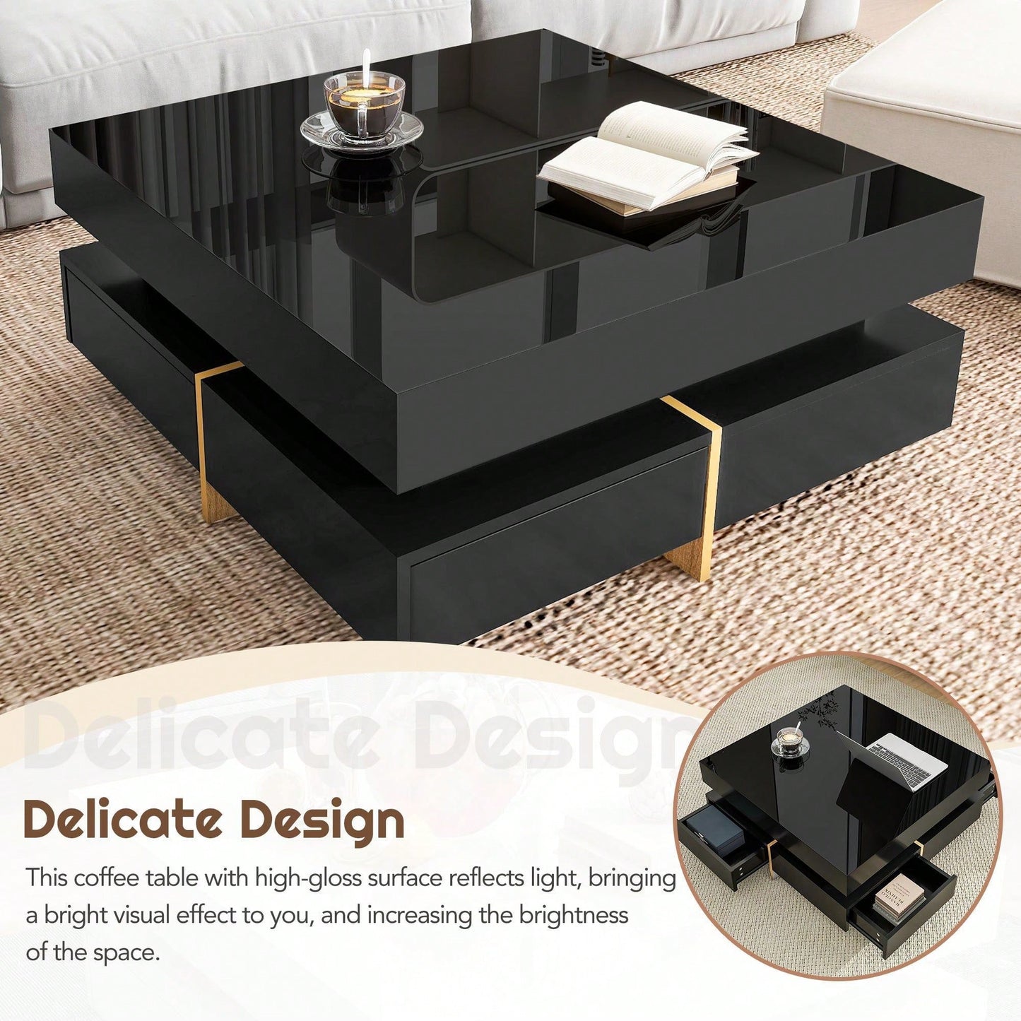 Modern High Gloss Coffee Table With 4 Drawers, Multi-Storage Square Cocktail Tea Table With Wood Grain Legs, Center Table For Living Room
