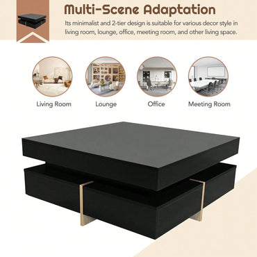 Modern High Gloss Coffee Table With 4 Drawers, Multi-Storage Square Cocktail Tea Table With Wood Grain Legs, Center Table For Living Room