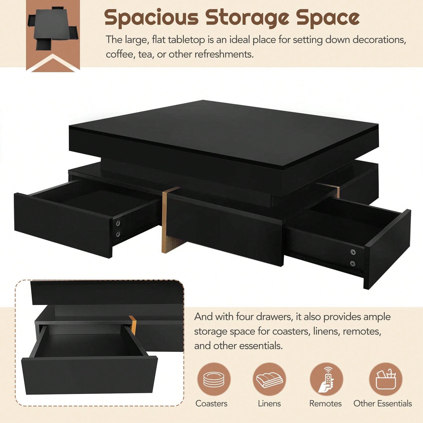 Modern High Gloss Coffee Table With 4 Drawers, Multi-Storage Square Cocktail Tea Table With Wood Grain Legs, Center Table For Living Room