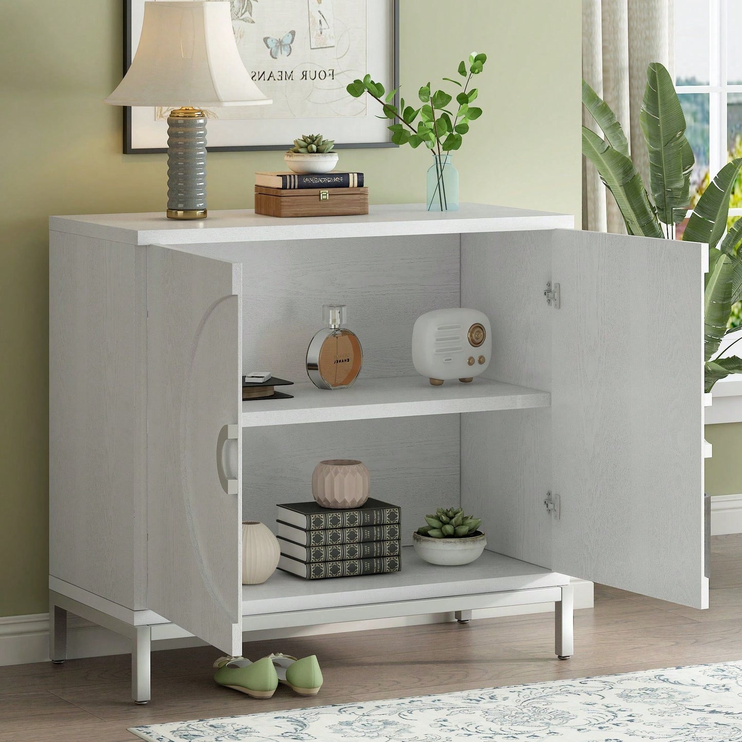Simple Storage Cabinet With Solid Wood Veneer And Metal Leg Frame