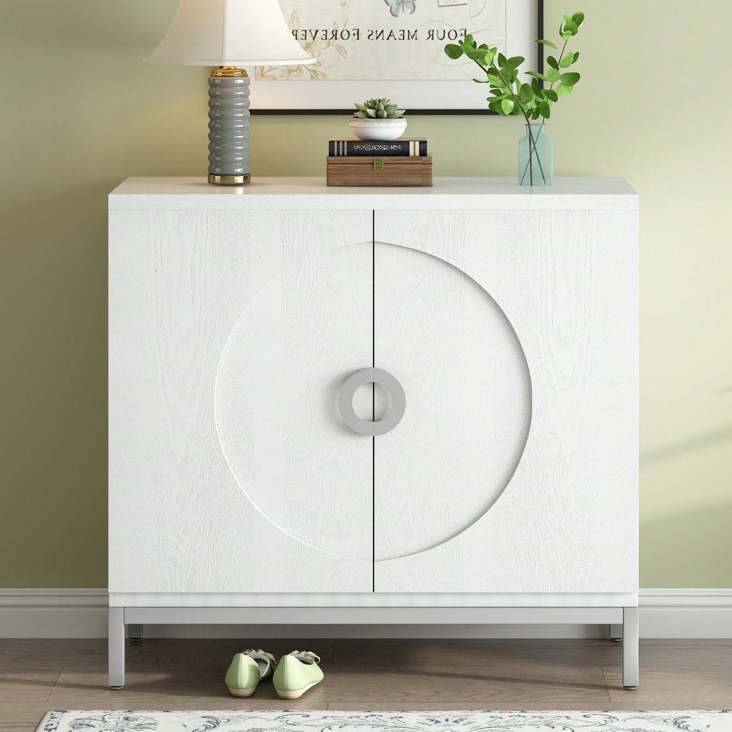 Simple Storage Cabinet With Solid Wood Veneer And Metal Leg Frame