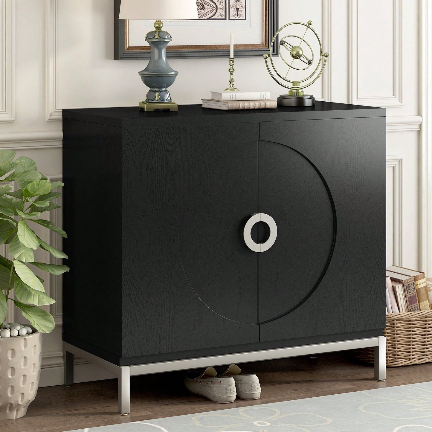 Simple Storage Cabinet With Solid Wood Veneer And Metal Leg Frame