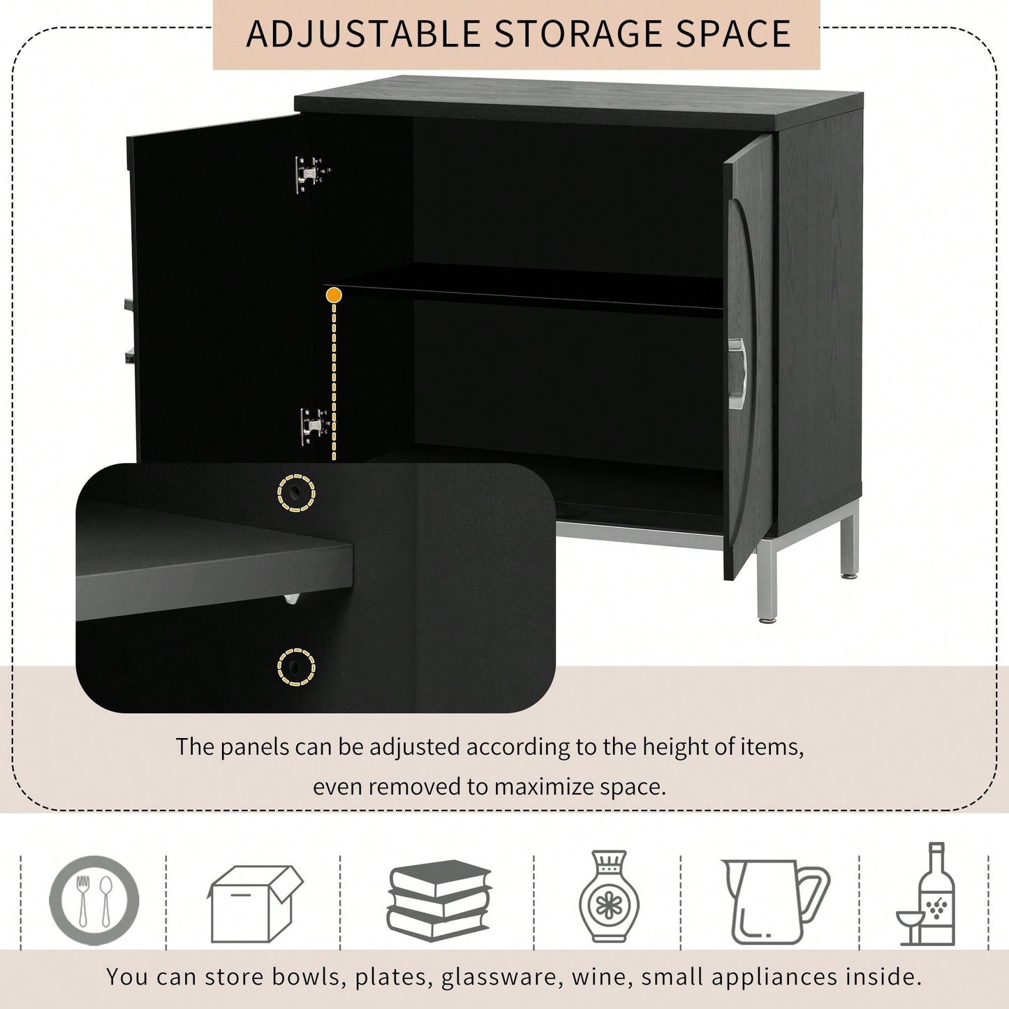 Simple Storage Cabinet With Solid Wood Veneer And Metal Leg Frame