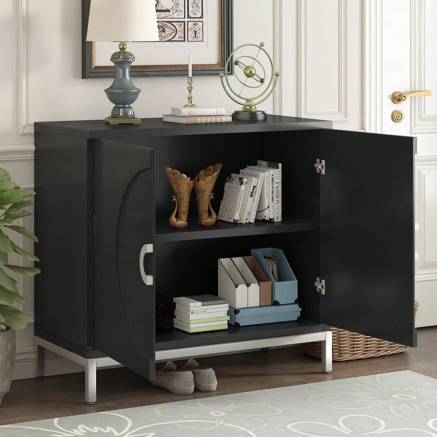 Simple Storage Cabinet With Solid Wood Veneer And Metal Leg Frame