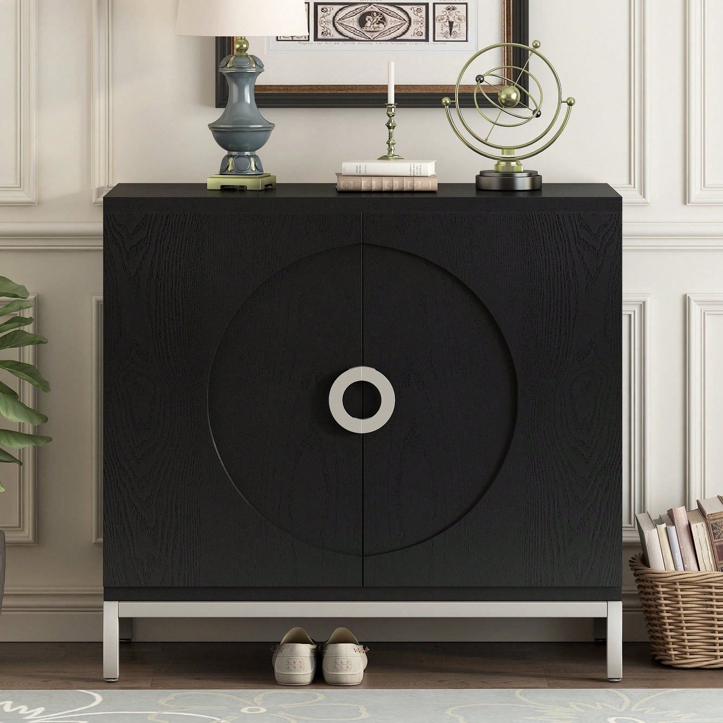 Simple Storage Cabinet With Solid Wood Veneer And Metal Leg Frame