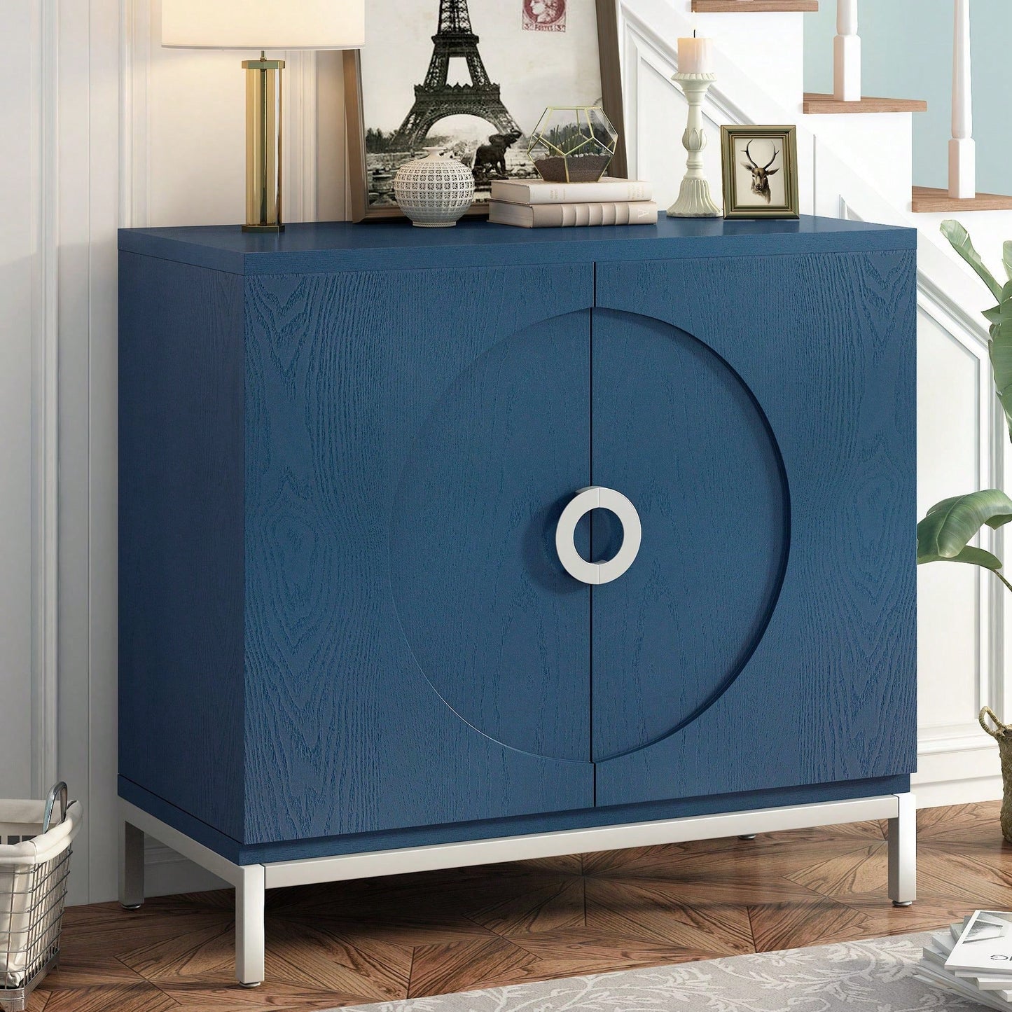 Simple Storage Cabinet With Solid Wood Veneer And Metal Leg Frame
