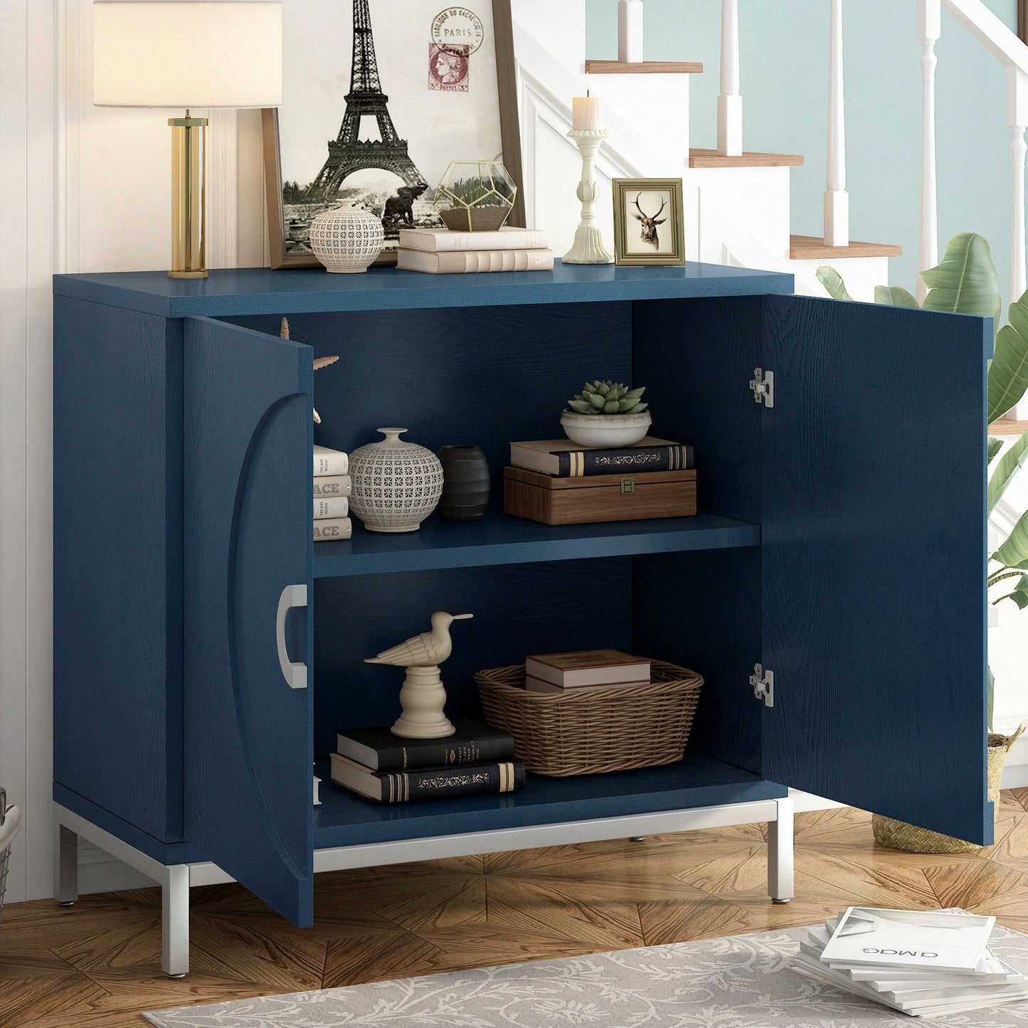 Simple Storage Cabinet With Solid Wood Veneer And Metal Leg Frame