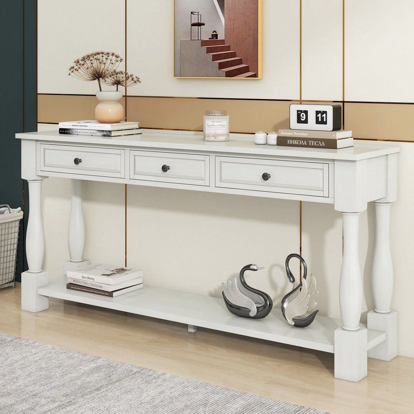 63" Long Console Table With Drawers And Shelf For Entryway, Hallway, Living Room