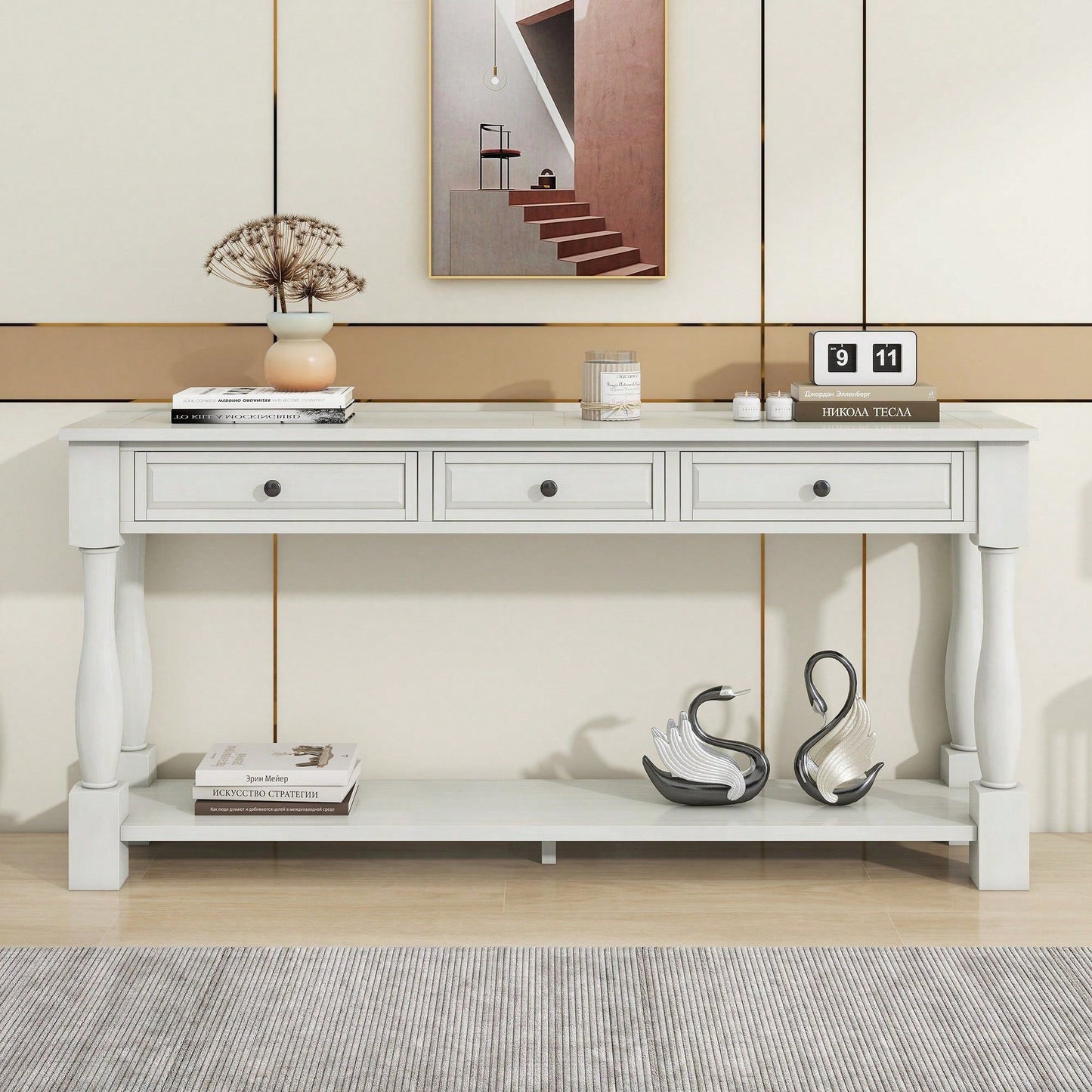 63" Long Console Table With Drawers And Shelf For Entryway, Hallway, Living Room