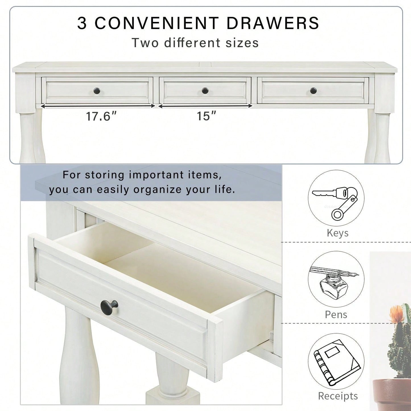 63" Long Console Table With Drawers And Shelf For Entryway, Hallway, Living Room