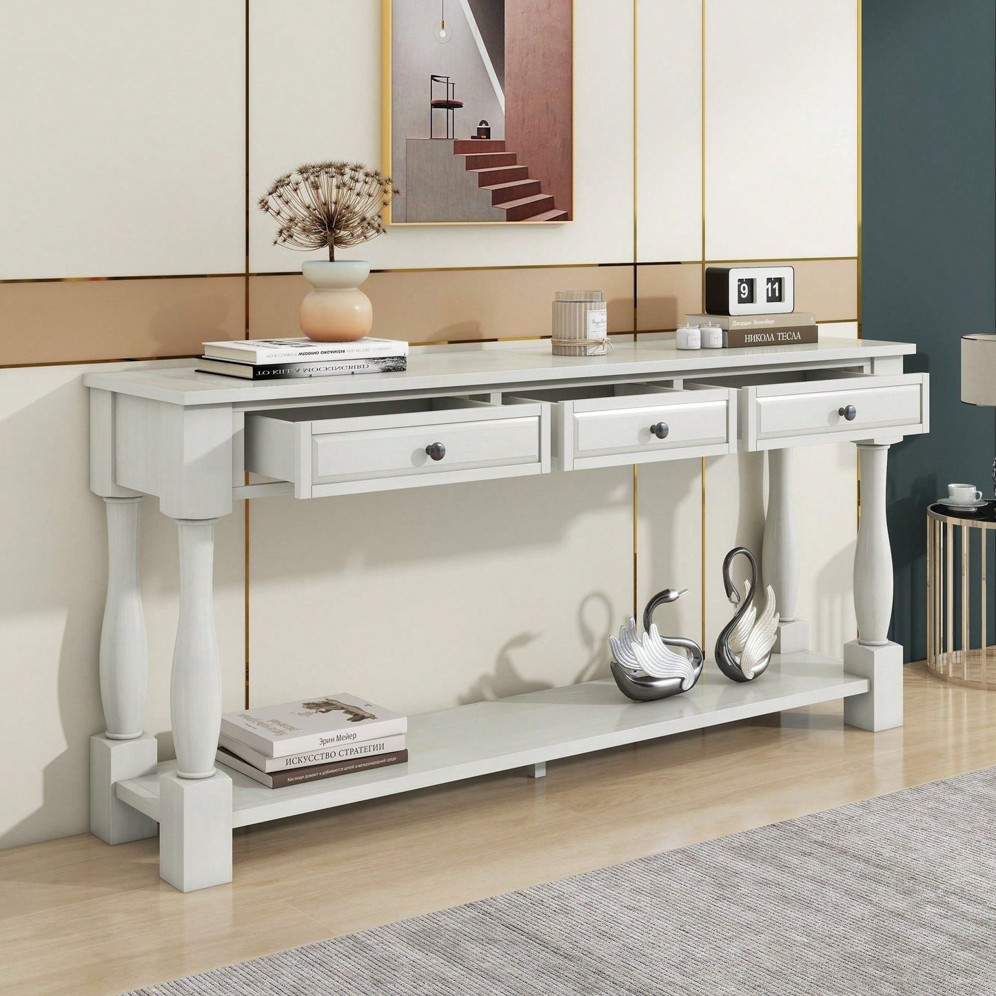 63" Long Console Table With Drawers And Shelf For Entryway, Hallway, Living Room