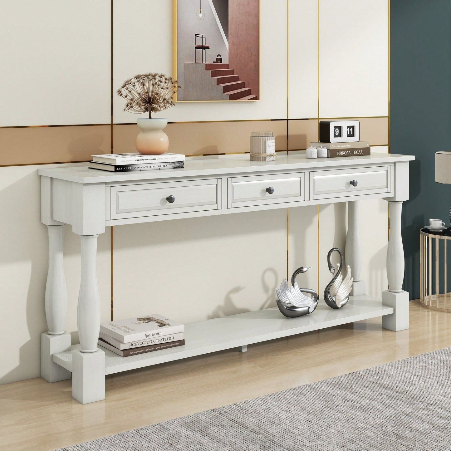 63" Long Console Table With Drawers And Shelf For Entryway, Hallway, Living Room