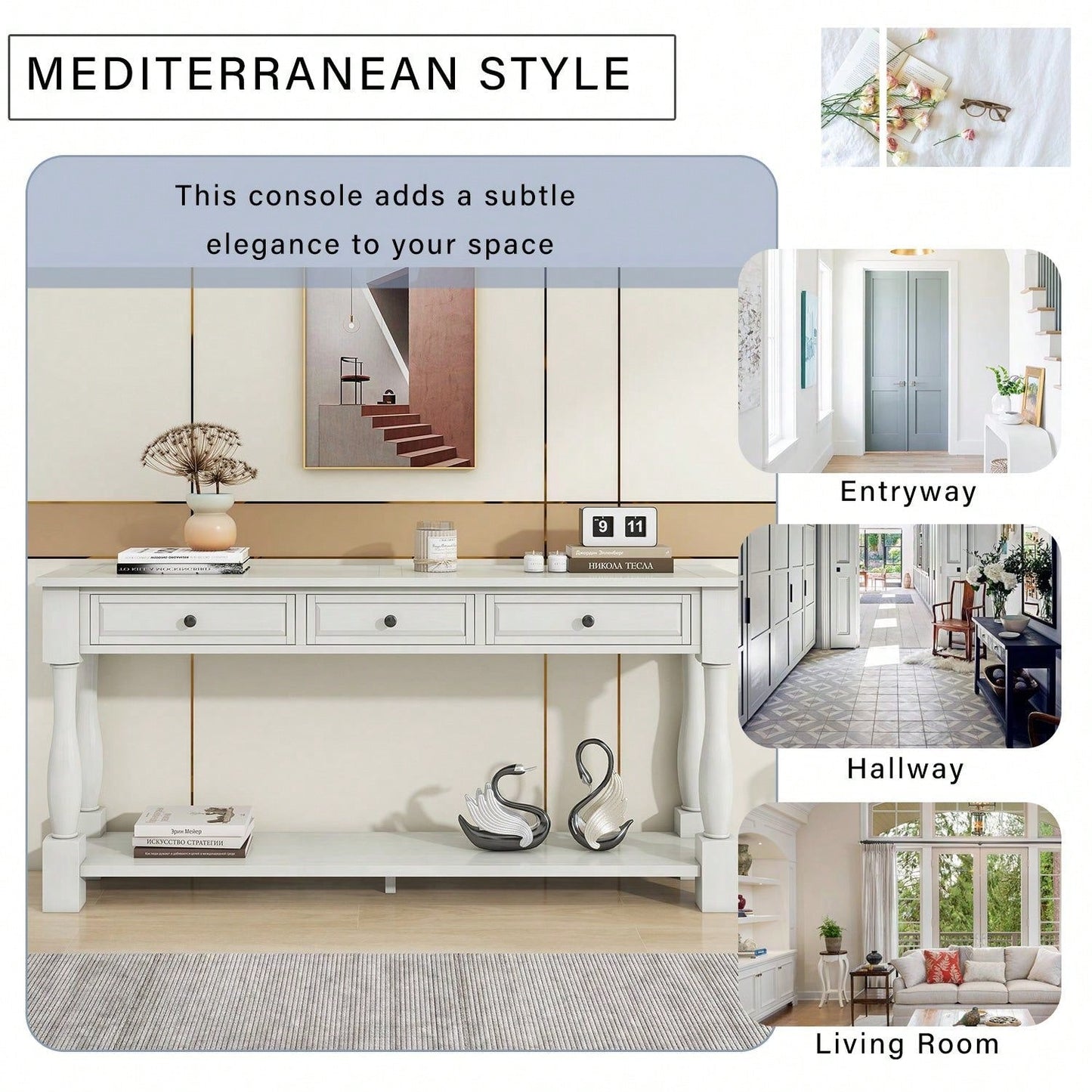 63" Long Console Table With Drawers And Shelf For Entryway, Hallway, Living Room