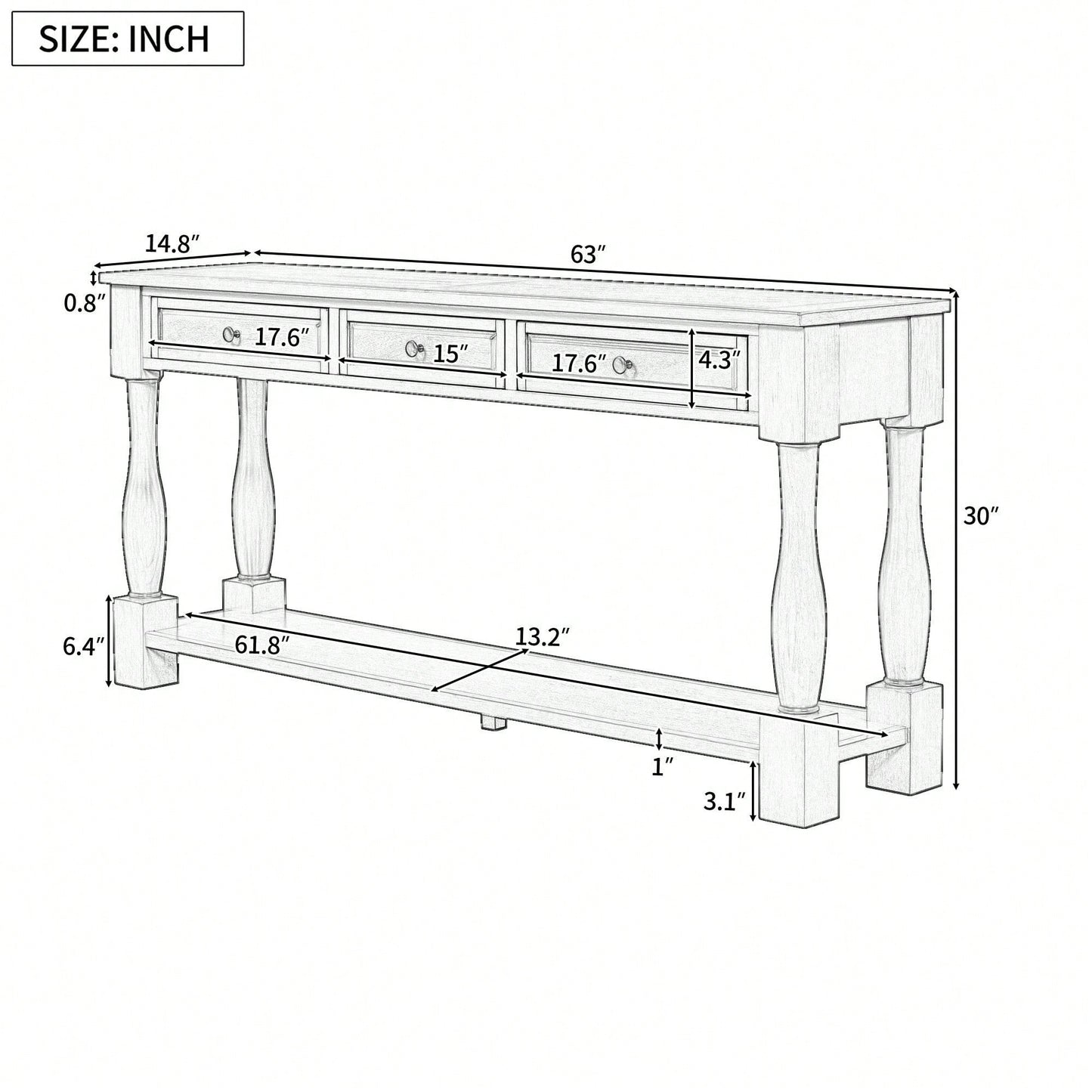 63" Long Console Table With Drawers And Shelf For Entryway, Hallway, Living Room