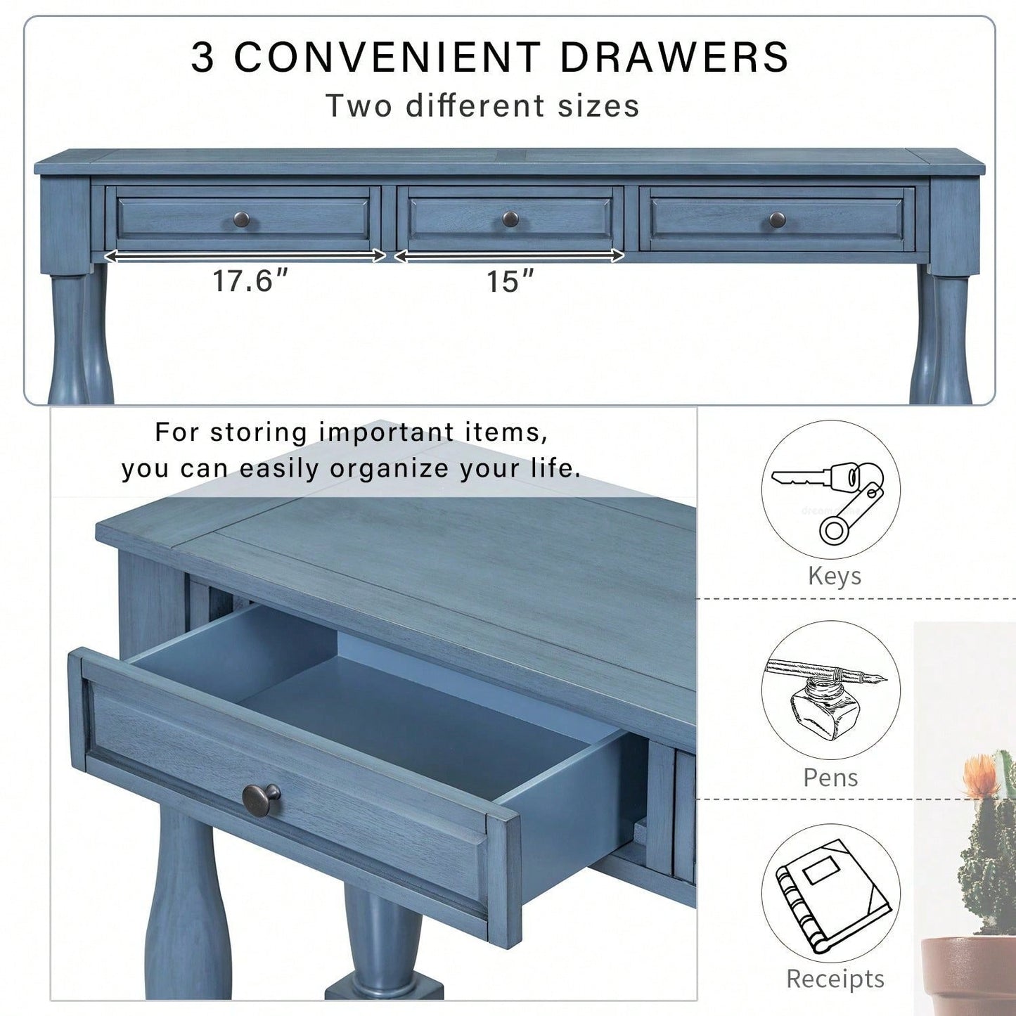 63" Long Console Table With Drawers And Shelf For Entryway, Hallway, Living Room