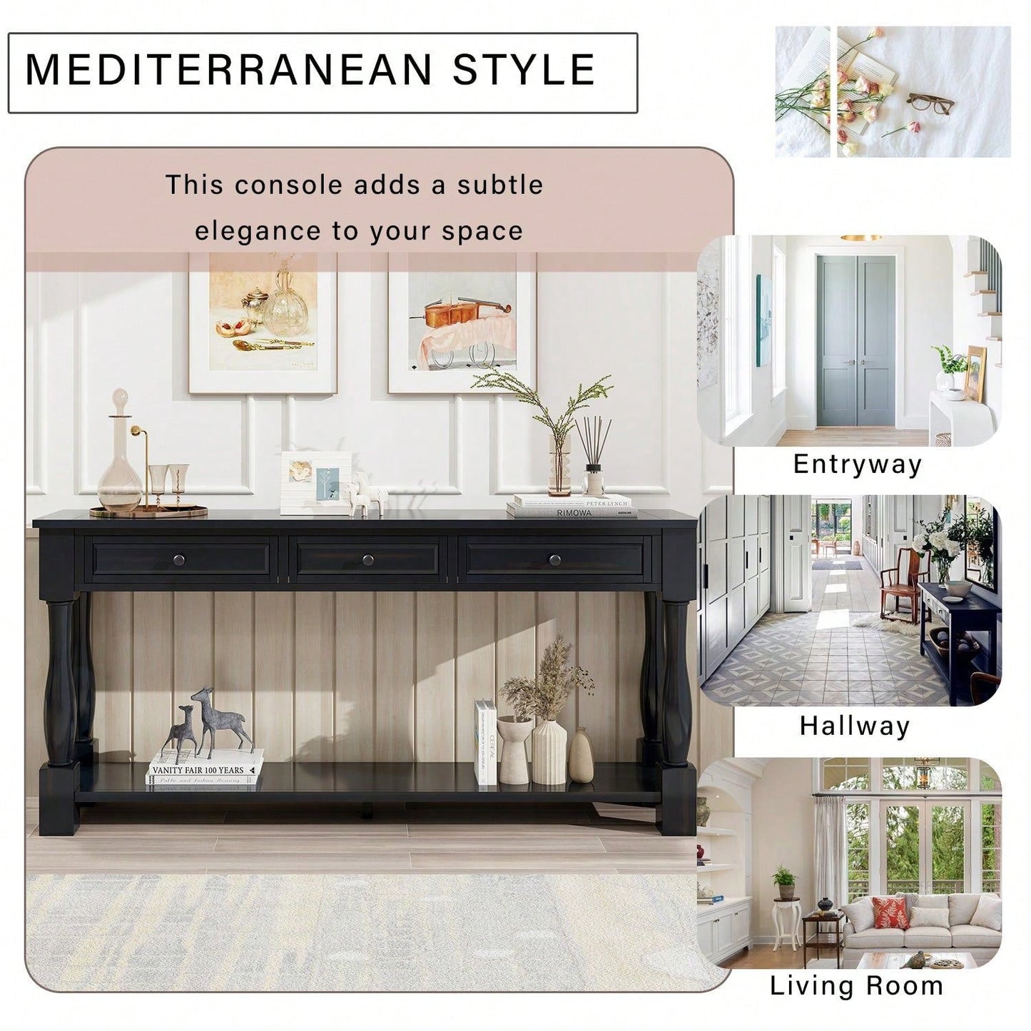 63" Long Console Table With Drawers And Shelf For Entryway, Hallway, Living Room