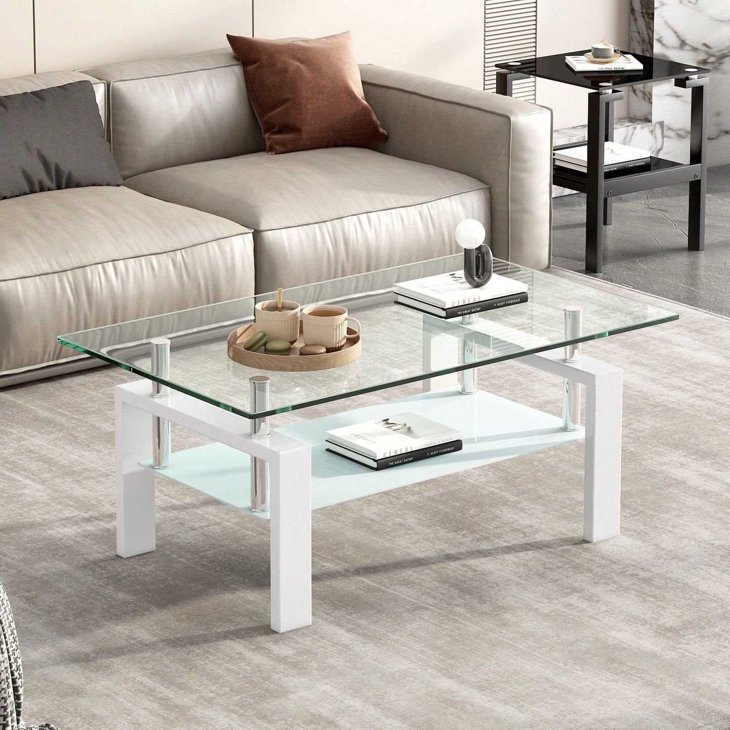 2-Layers Coffee Table Living Room Center Table, Tempered Clear Glass Coffee Table