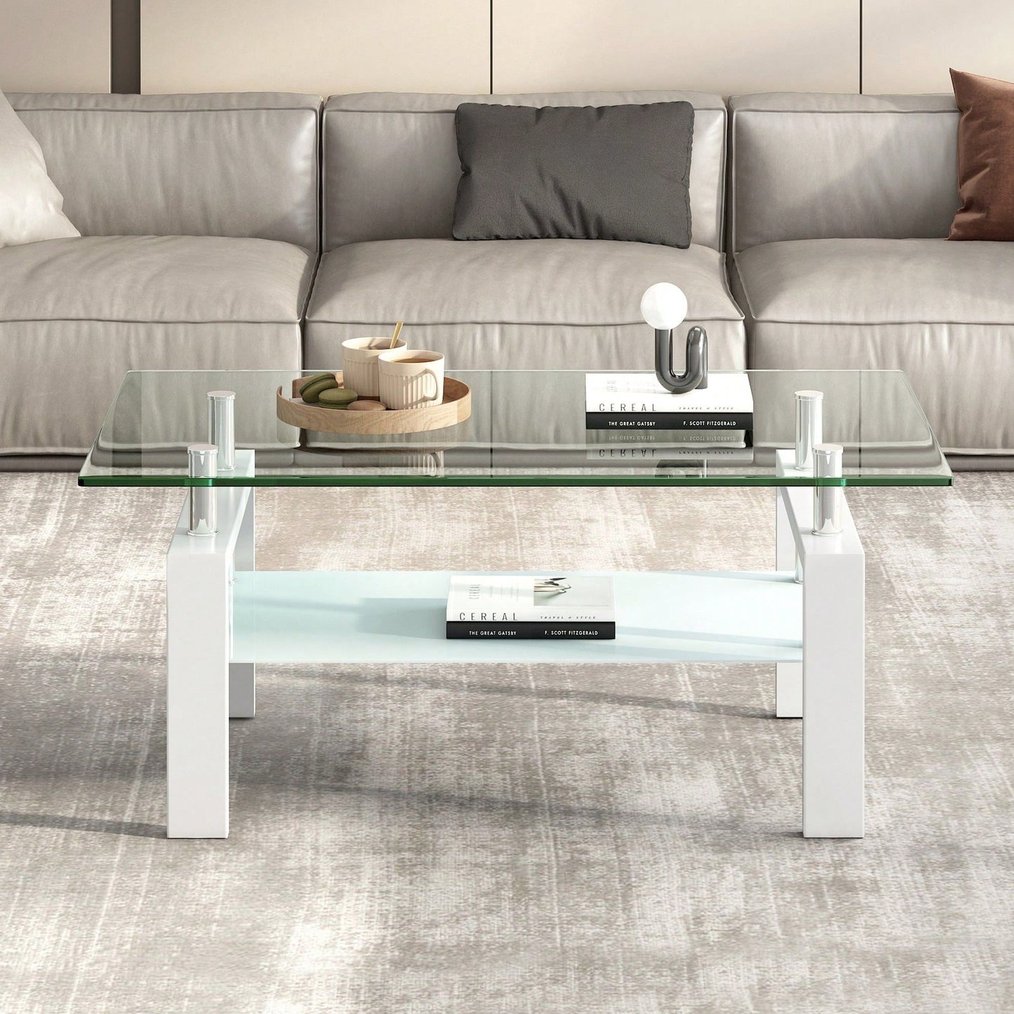 2-Layers Coffee Table Living Room Center Table, Tempered Clear Glass Coffee Table