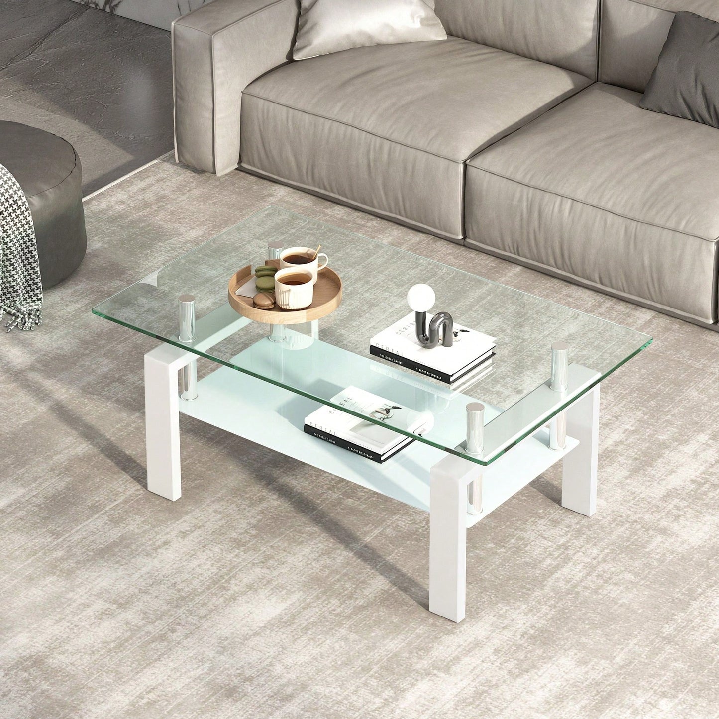 2-Layers Coffee Table Living Room Center Table, Tempered Clear Glass Coffee Table