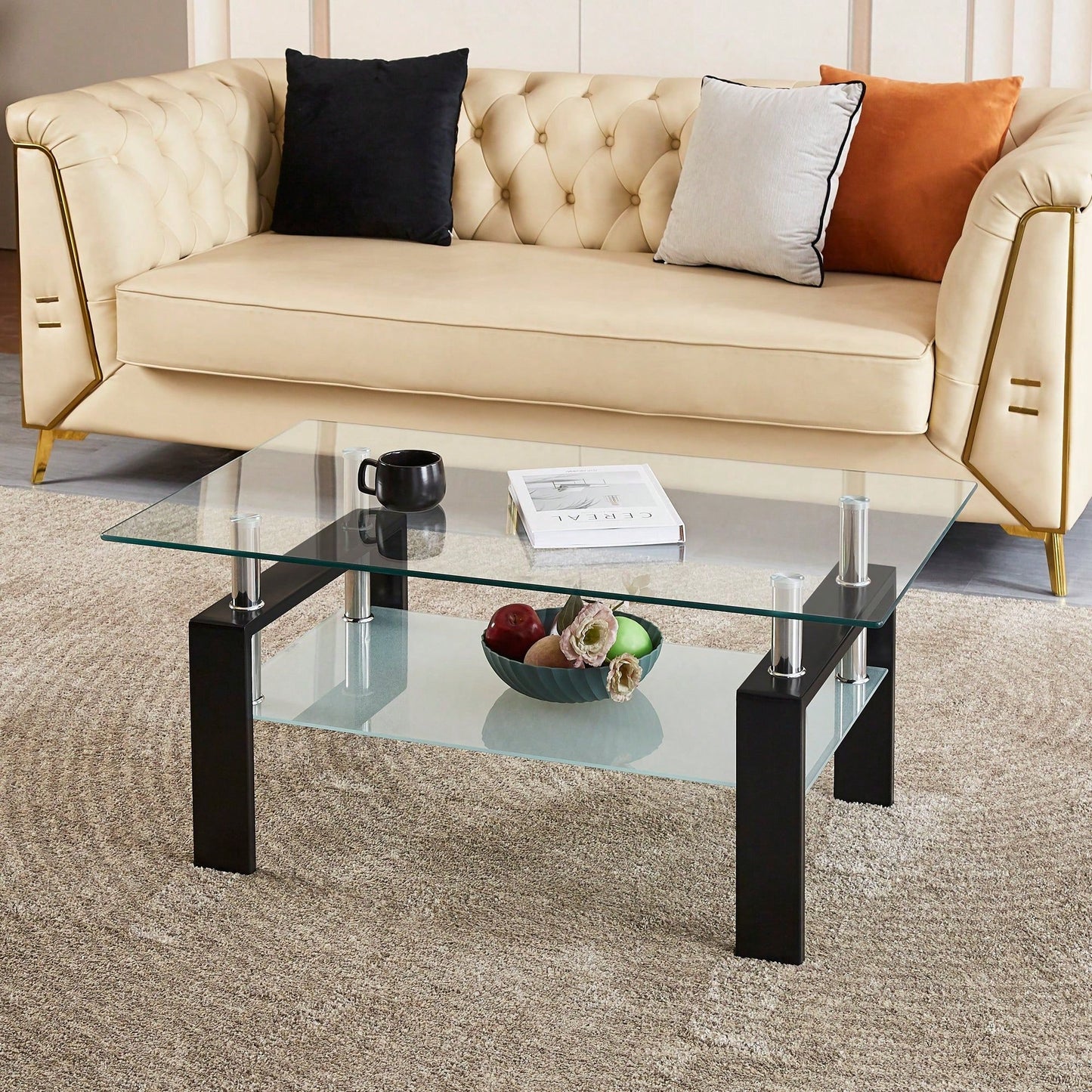 2-Layers Coffee Table Living Room Center Table, Tempered Clear Glass Coffee Table
