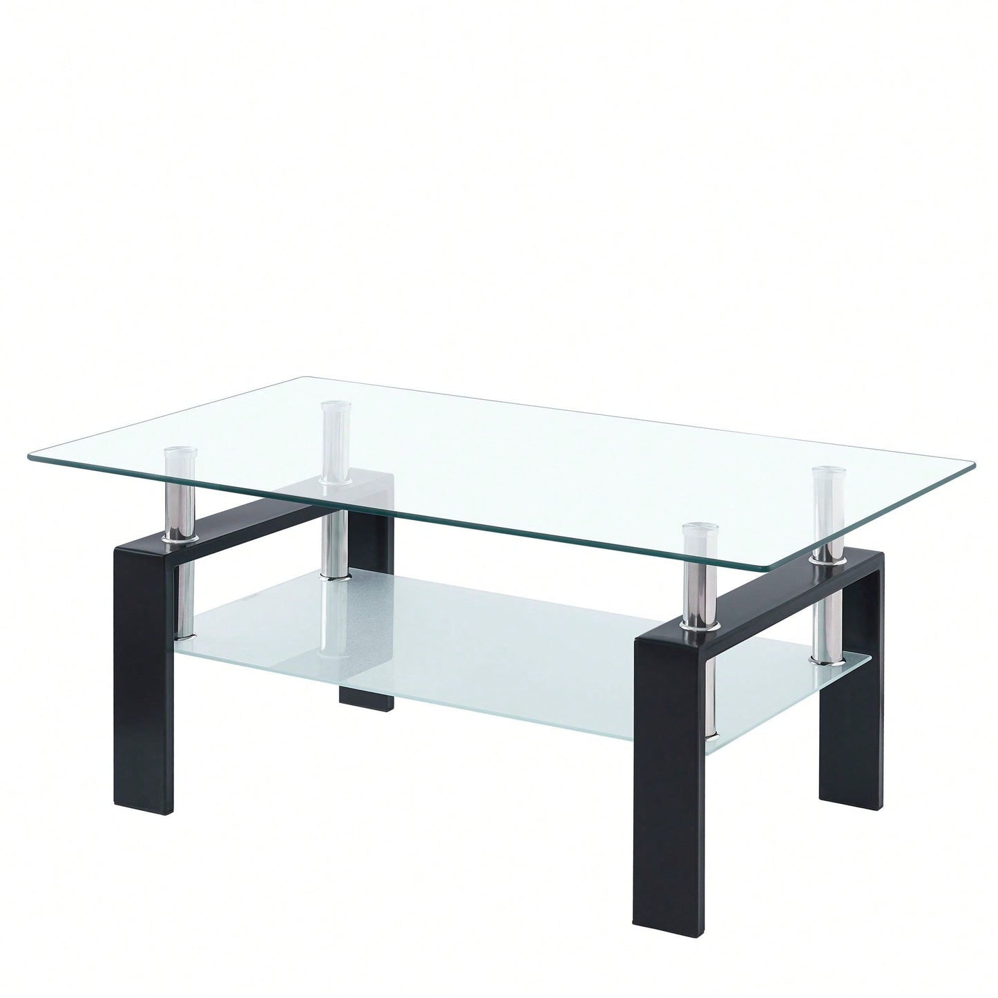 2-Layers Coffee Table Living Room Center Table, Tempered Clear Glass Coffee Table