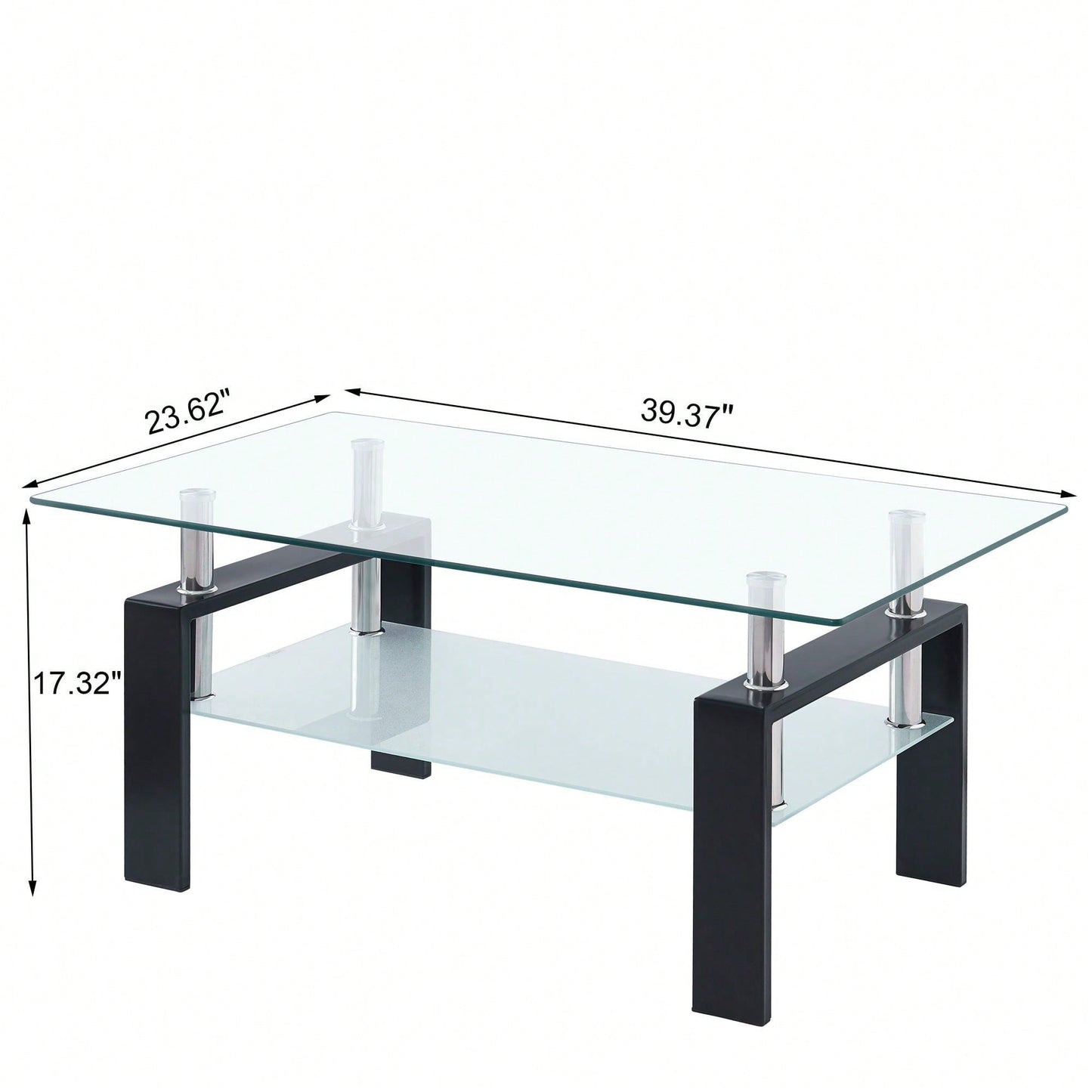 2-Layers Coffee Table Living Room Center Table, Tempered Clear Glass Coffee Table