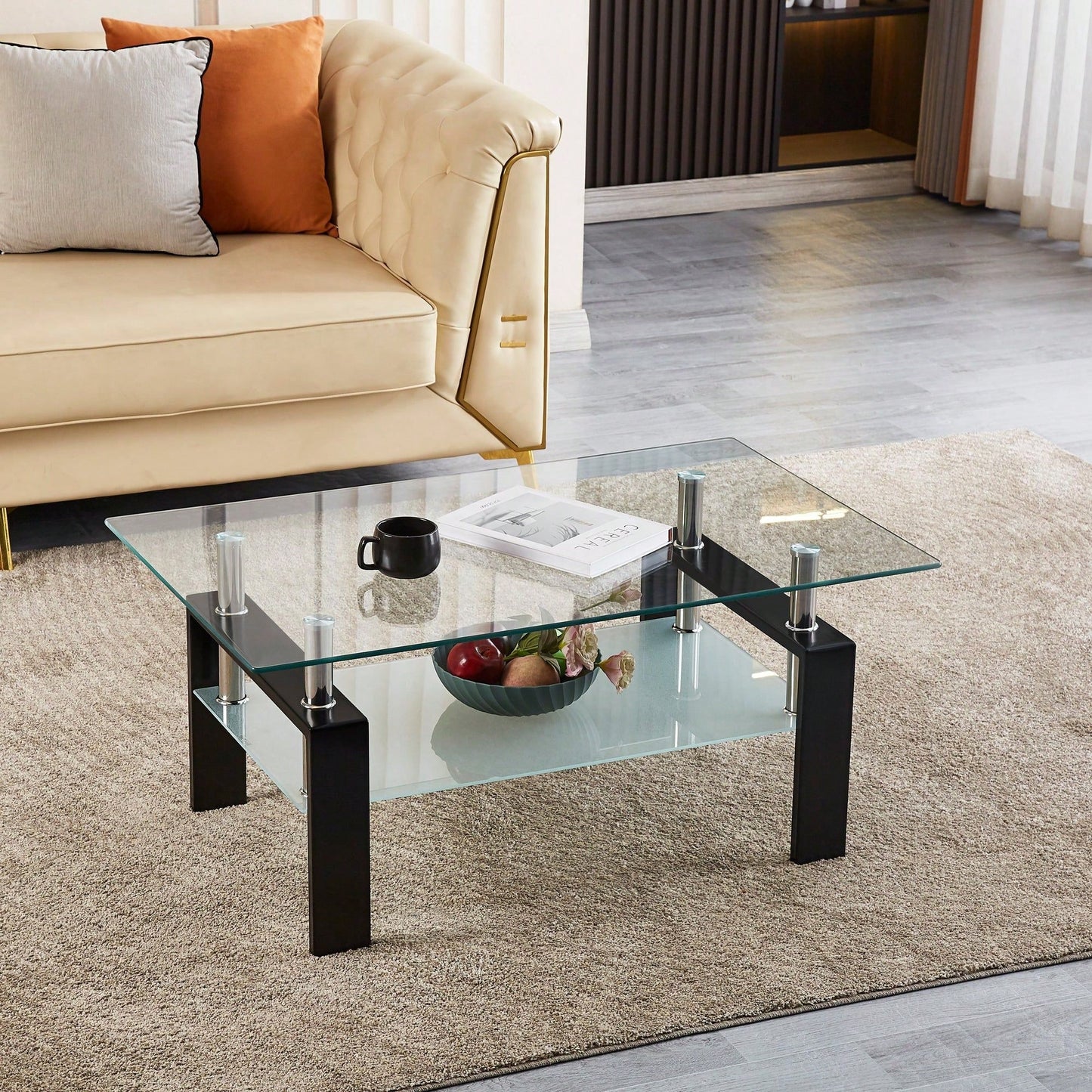 2-Layers Coffee Table Living Room Center Table, Tempered Clear Glass Coffee Table