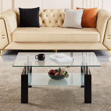 2-Layers Coffee Table Living Room Center Table, Tempered Clear Glass Coffee Table