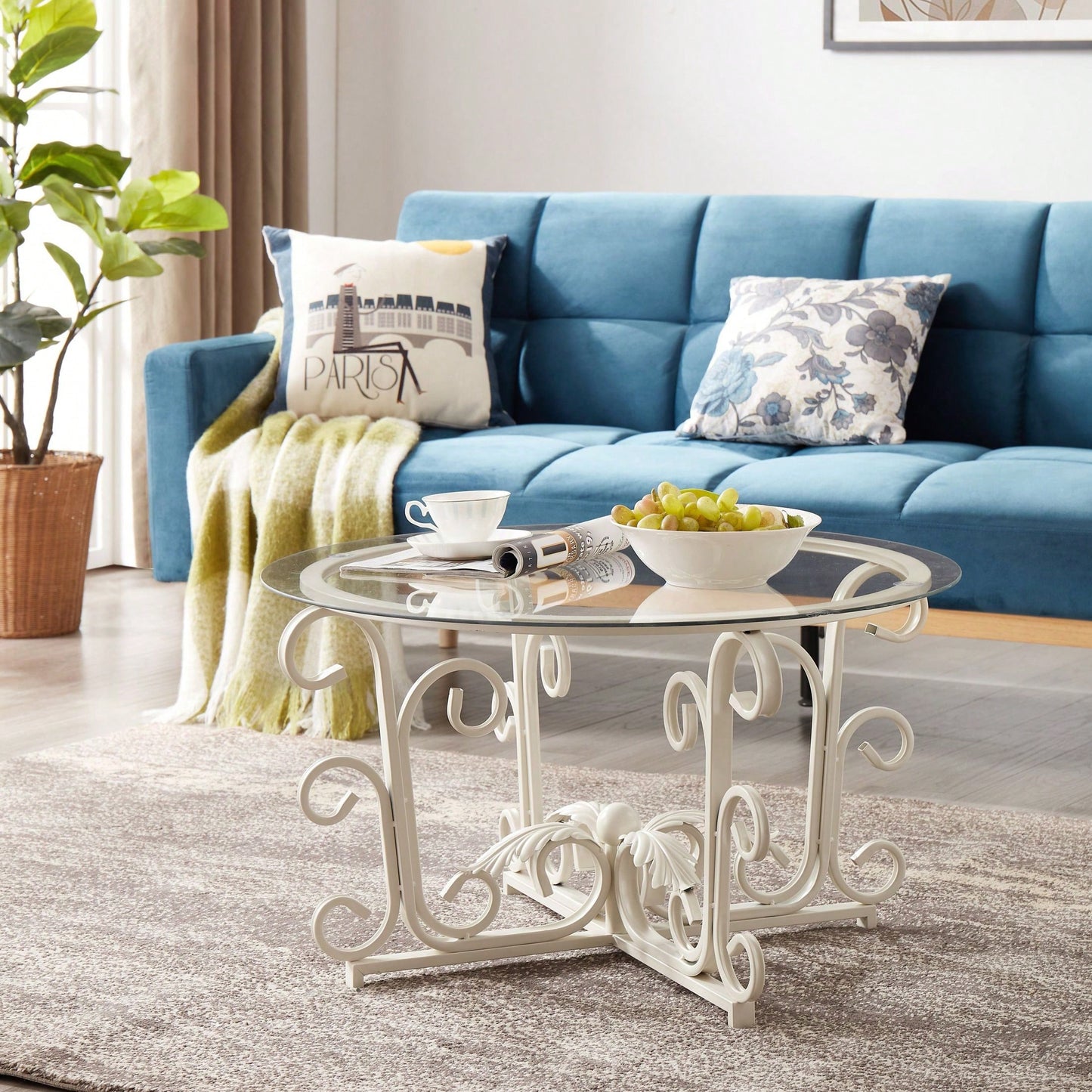 Glass Coffee Table With Sturdy Iron Leaf-Shape Base, Leisure Cocktail Table With Tempered Glass Top For Living Room, Dining Room
