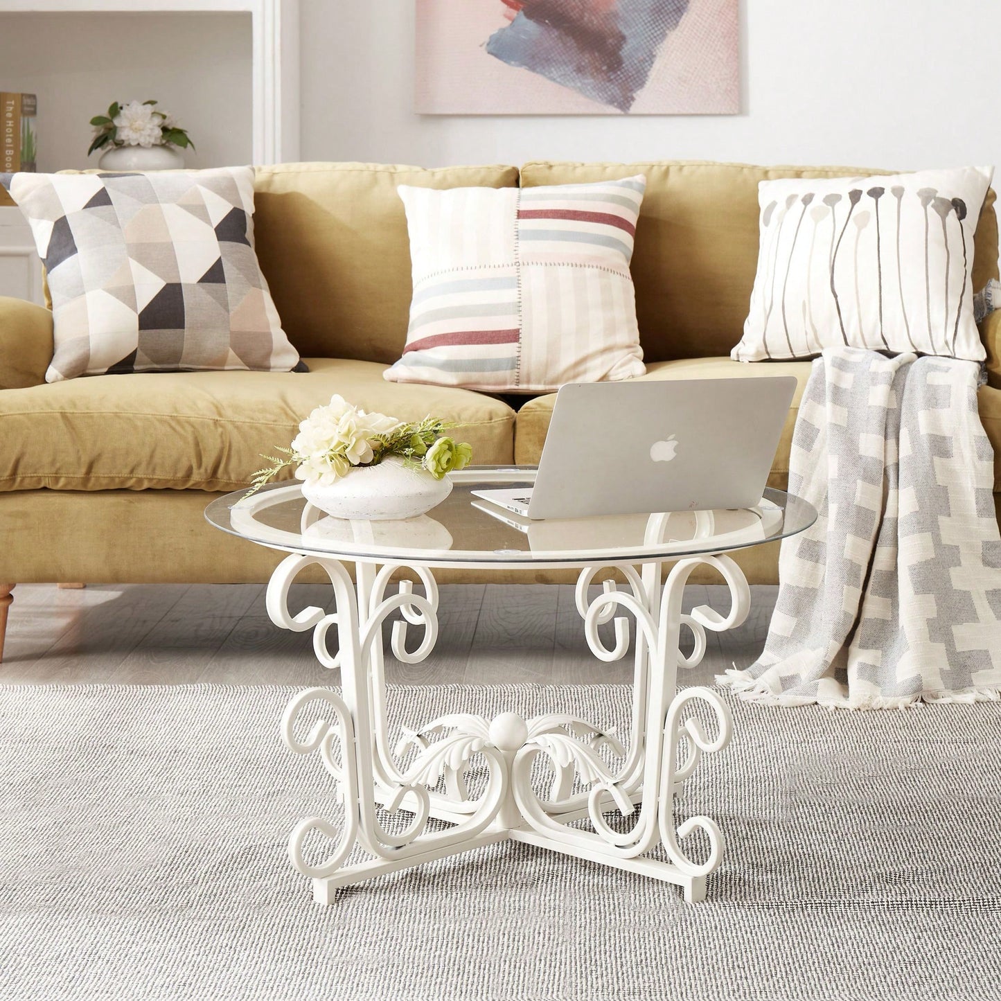 Glass Coffee Table With Sturdy Iron Leaf-Shape Base, Leisure Cocktail Table With Tempered Glass Top For Living Room, Dining Room