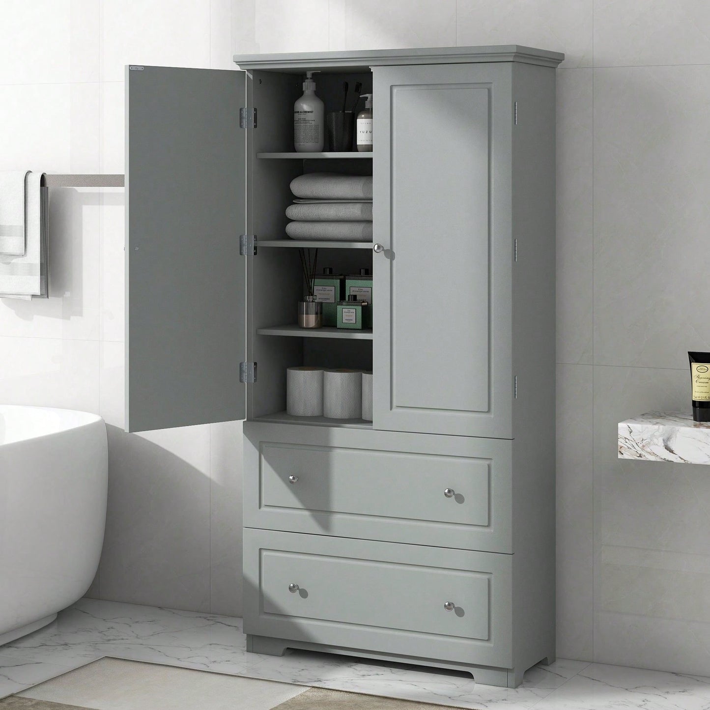 Wide Bathroom Storage Cabinet, Freestanding Storage Cabinet With Two Drawers And Adjustable Shelf, MDF Board With Painted Finish